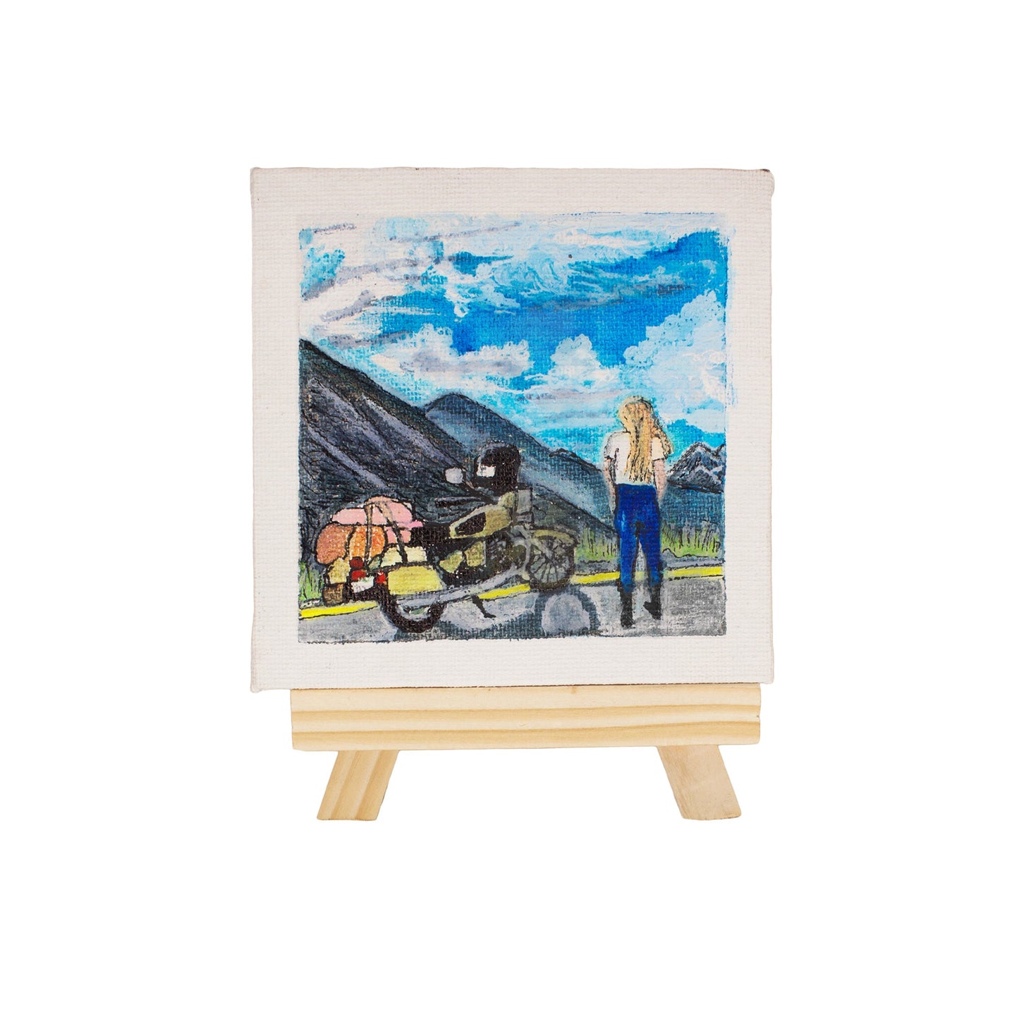Neha Rajan Artworks Original Handmade Travel Female Biker Painting Hand Painted On Canvas Frame 4x4 With Easel