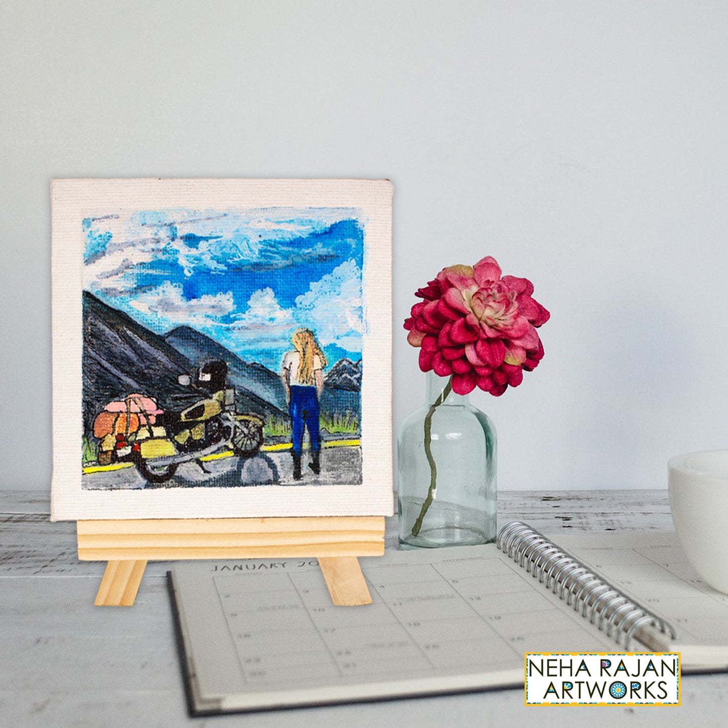 Neha Rajan Artworks Original Handmade Travel Female Biker Painting Hand Painted On Canvas Frame 4x4 With Easel