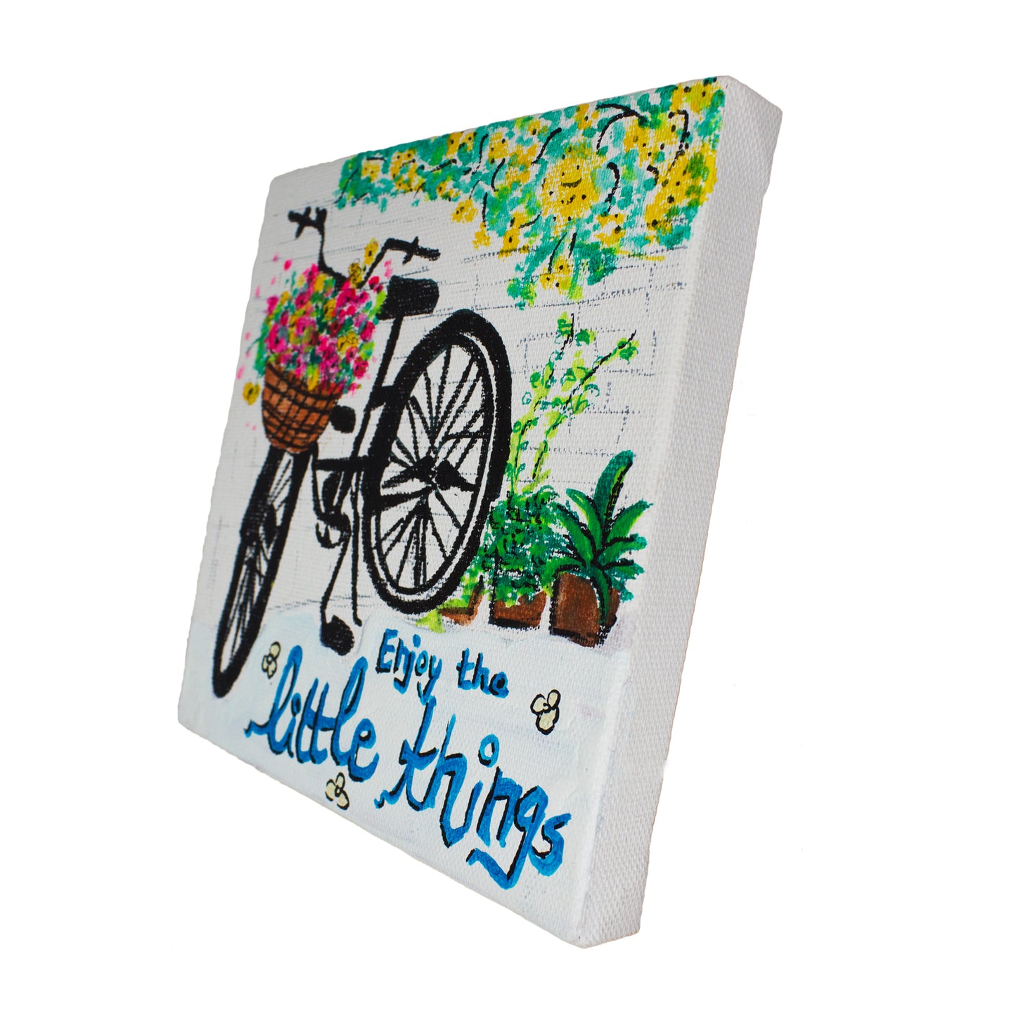 Neha Rajan Artworks Original Handmade Bicycle Floral Motivational Quote Hand Painted On Canvas Frame 6*6