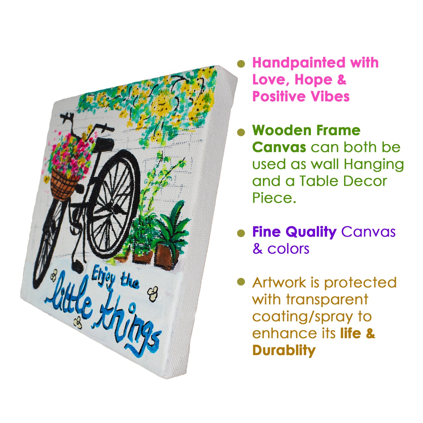 Neha Rajan Artworks Original Handmade Bicycle Floral Motivational Quote Hand Painted On Canvas Frame 6*6