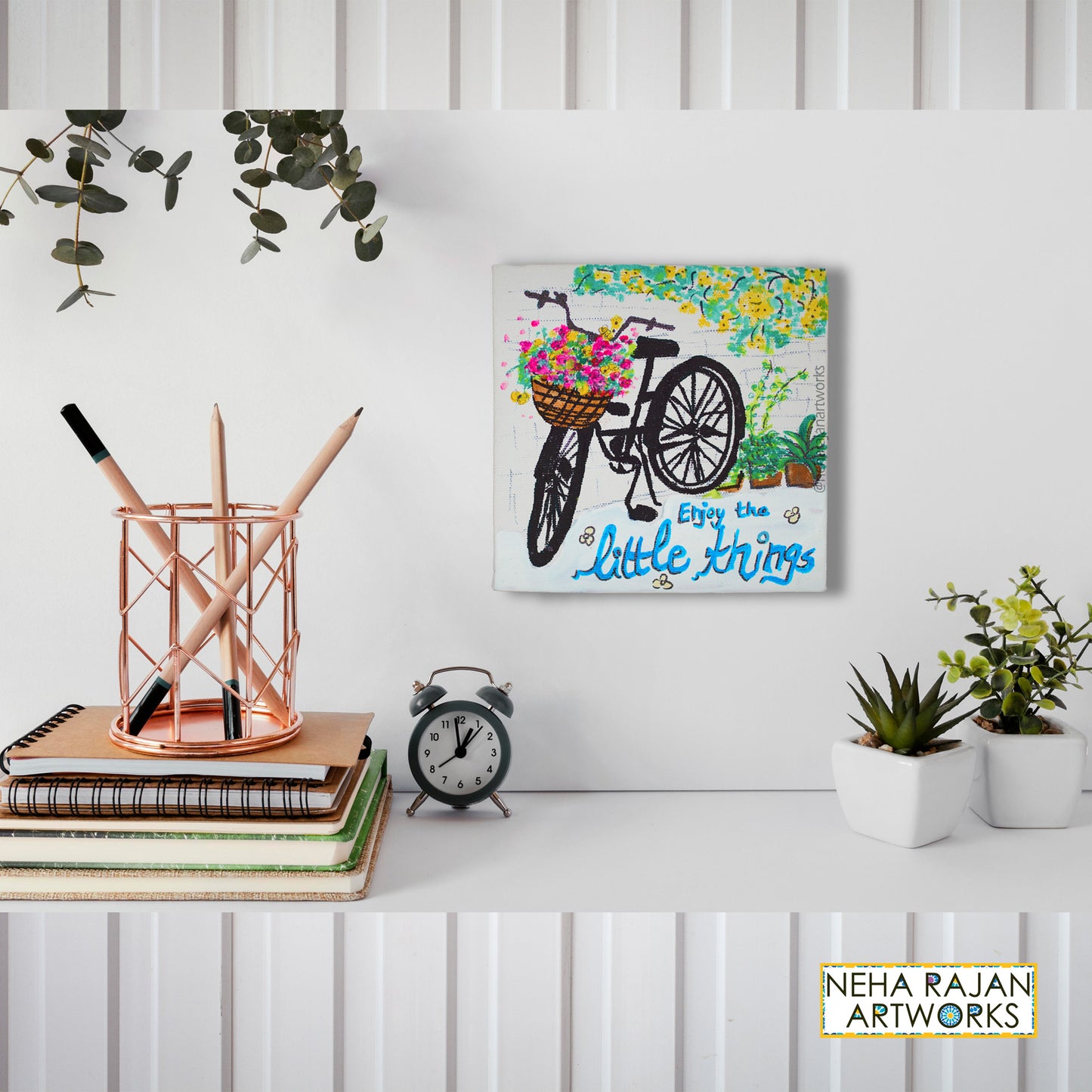 Neha Rajan Artworks Original Handmade Bicycle Floral Motivational Quote Hand Painted On Canvas Frame 6*6