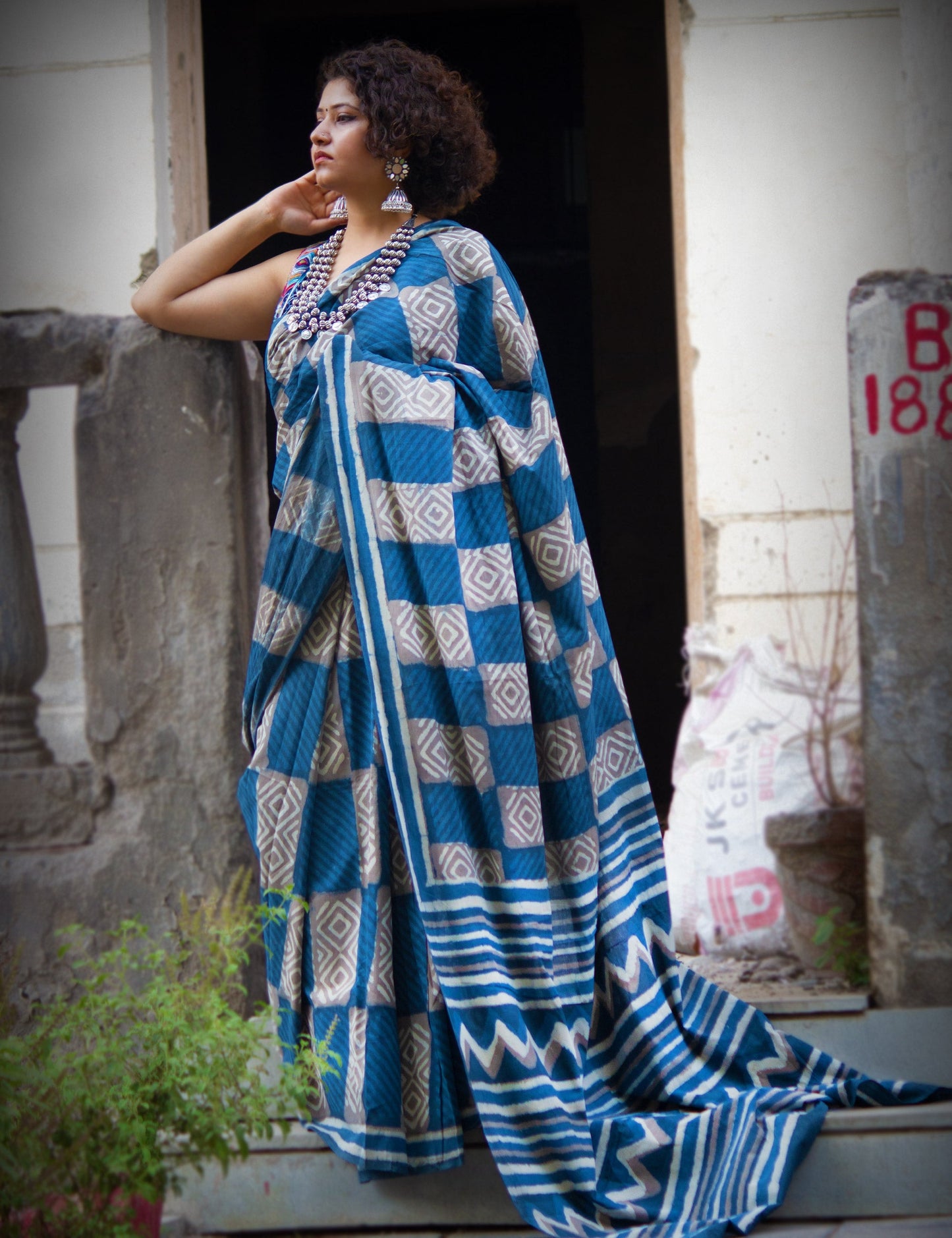 Organic Vibes Blue Grey Indigo Handblock Printed Mulmul Cotton Saree with Grey Checks