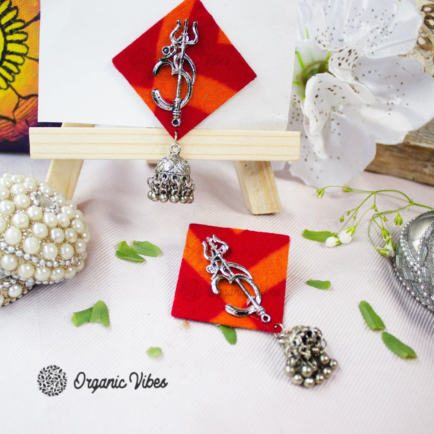 Organic Vibes Handmade Square Shape Fabric with Oxidised Silver Shiva Trishul Studs Design with Dangler Jhumka Earrings For Women