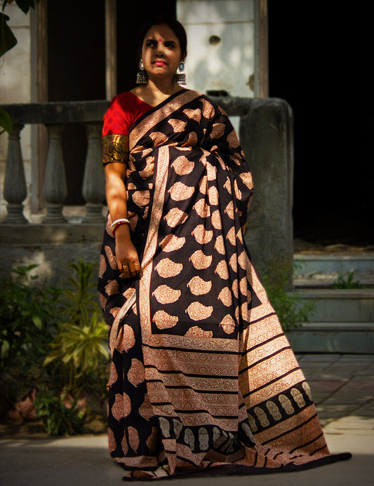  Organic Vibes Black Handblock Printed Mulmul Cotton Saree with Orange Buties