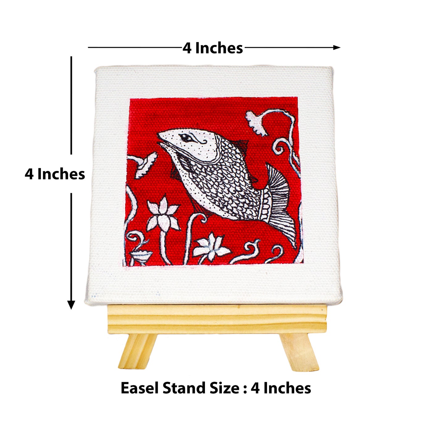 Neha Rajan Artworks Original Handmade Madhubani Fish Painting Hand Painted On Canvas Frame With Easel 4X4