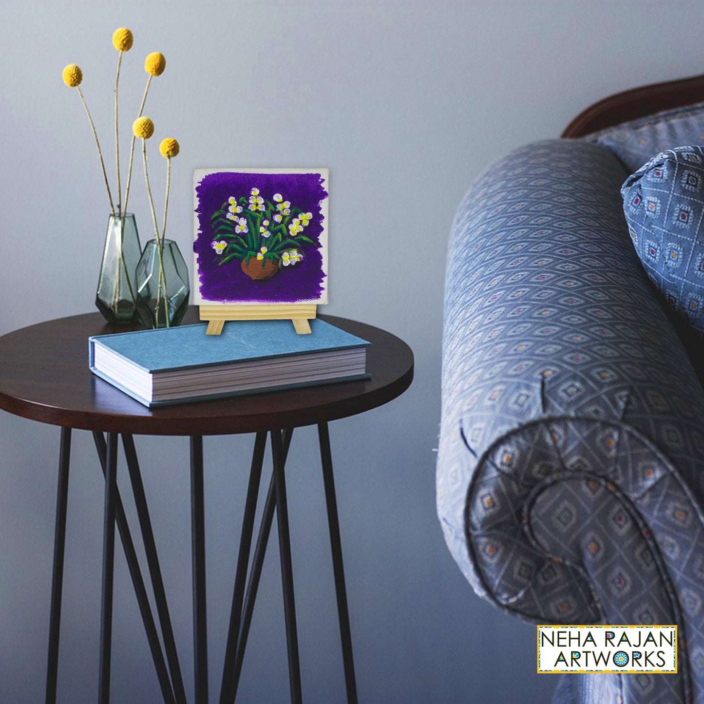 Neha Rajan Artworks Small Handmade Floral Pot Painting Hand Painted On Canvas Frame With Easel 4X4