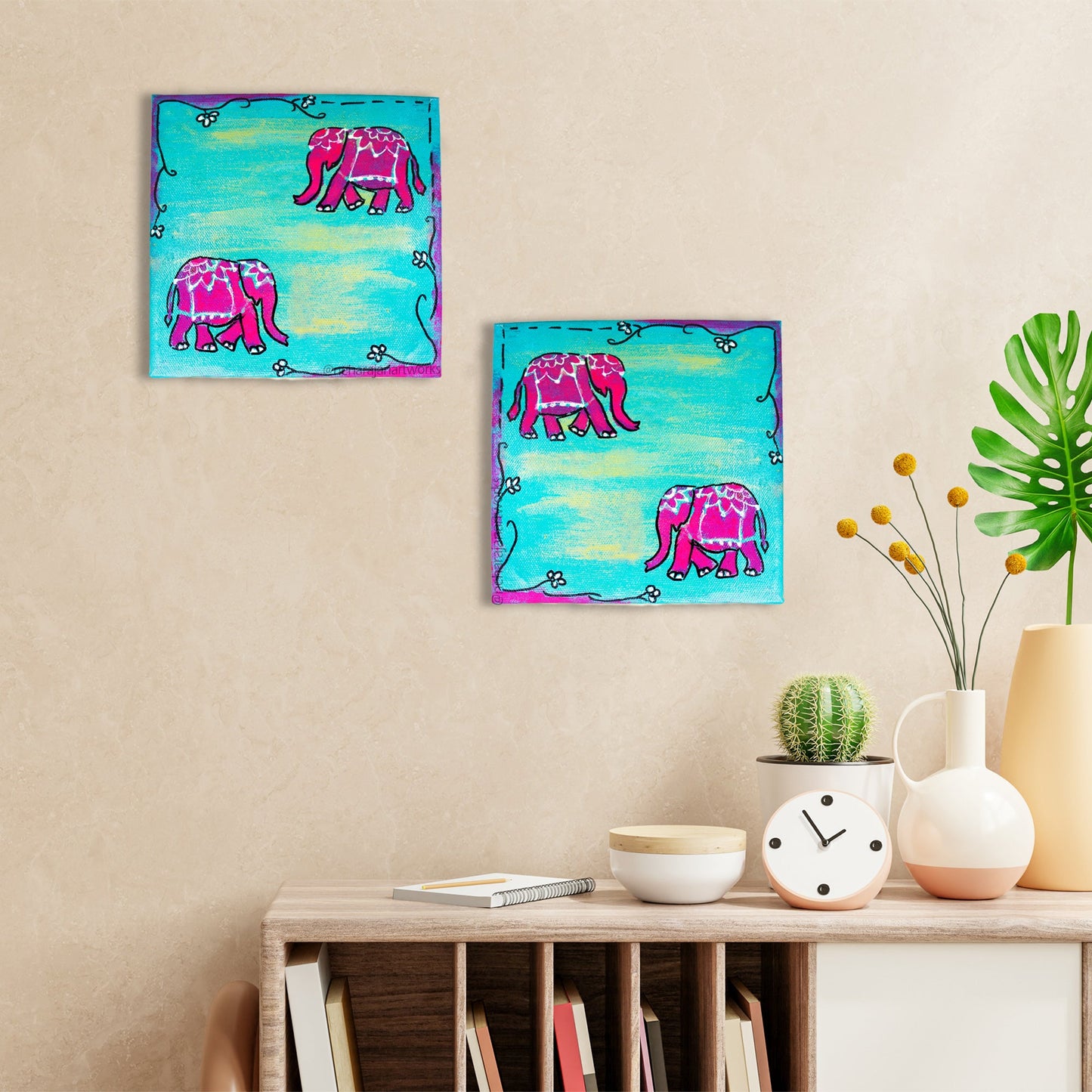 Neha Rajan Artworks Original Handmade Combo Of 2 Unique Elephant Painting Hand Painted On Canvas Frame 6*6