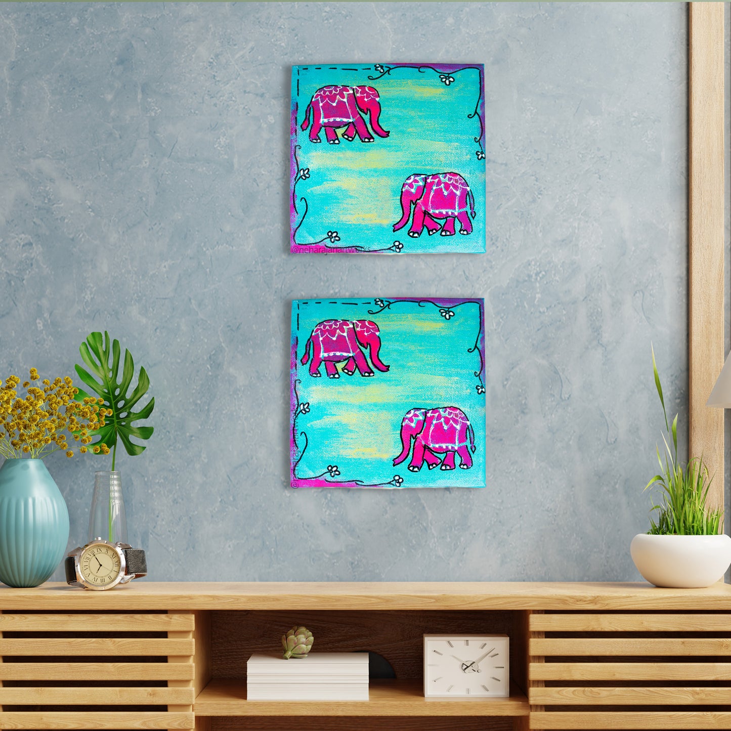 Neha Rajan Artworks Original Handmade Unique Elephant Painting Hand Painted On Canvas Frame 6*6