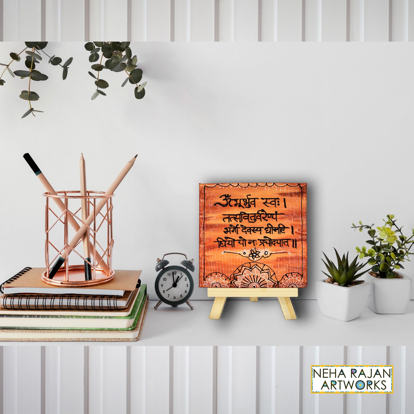 Neha Rajan Artworks Original Handmade Gayatri Mantra Painting Hand Painted On Canvas Frame 6x6 With Easel