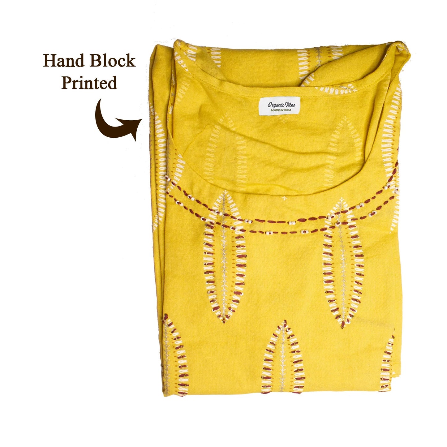 Organic Vibes Yellow Hand Block Printed Khadi Cotton Kurta with Pearl Hand Embroidery work