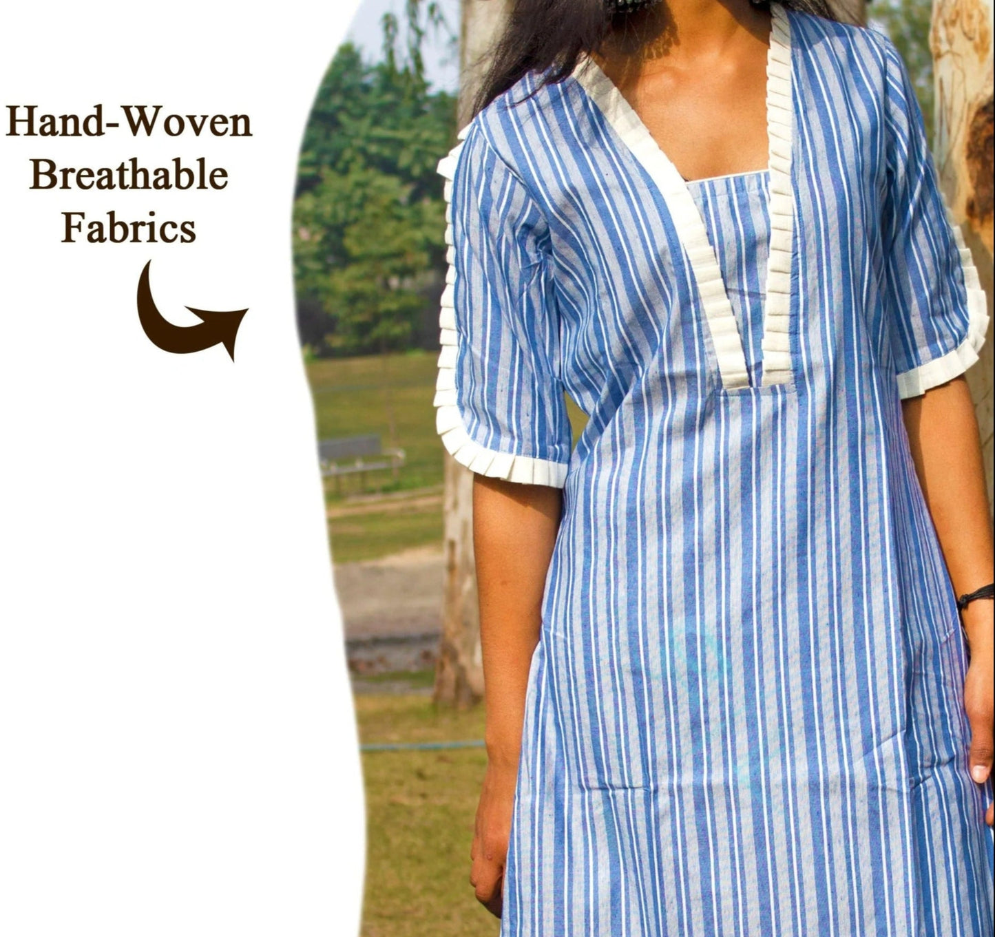 Organic Vibes Blue Handwoven Natural Color Pure Cotton Striped Regular Kurta Set