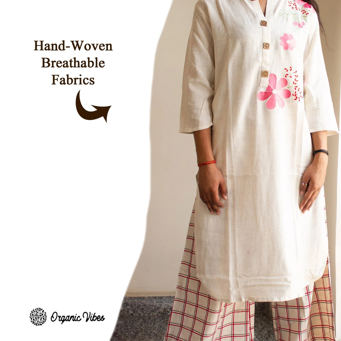 Organic Vibes Off - White Regular Kurta Set Handwoven Natural Color Pure Cotton Striped Floral