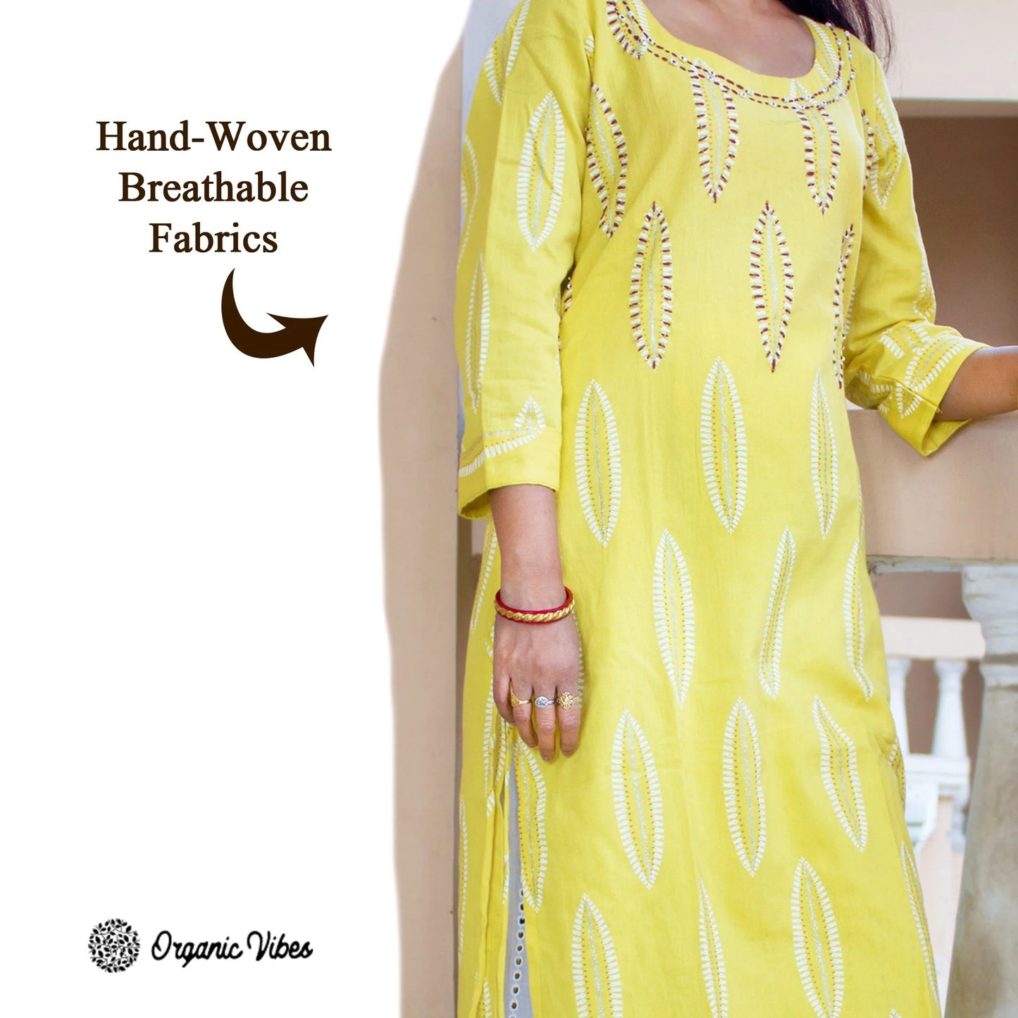 Organic Vibes Yellow Hand Block Printed Khadi Cotton Kurta with Pearl Hand Embroidery work