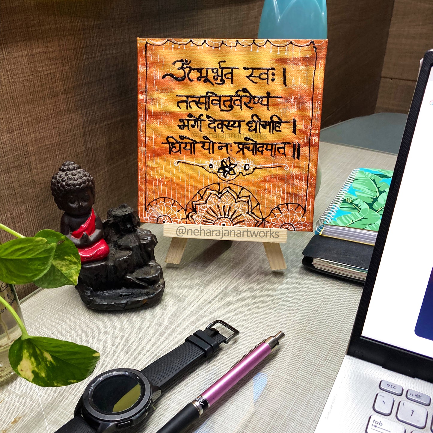 Neha Rajan Artworks Original Handmade Gayatri Mantra Painting Hand Painted On Canvas Frame 6x6 With Easel