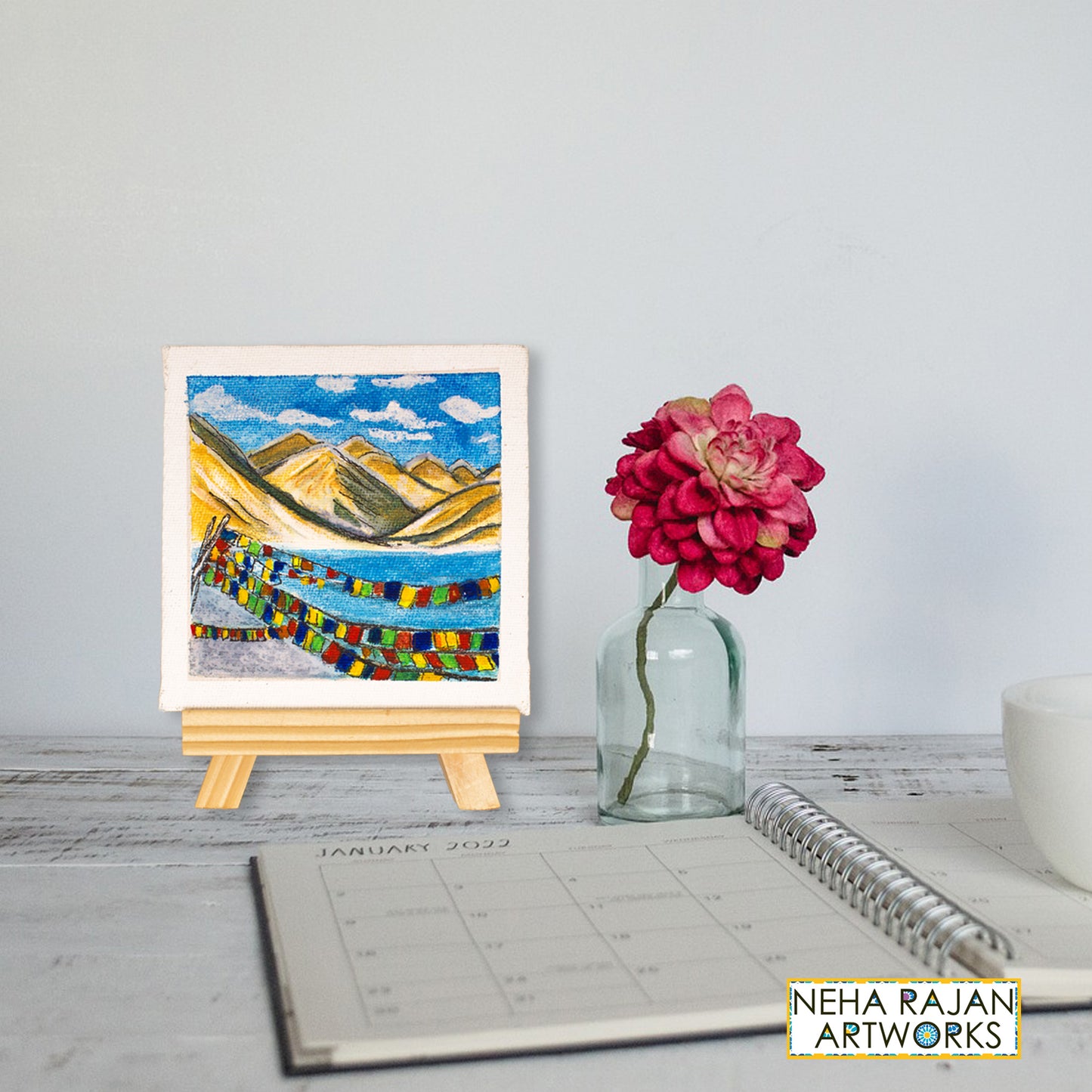 Neha Rajan Artworks Original Handmade Travel Ladakh Painting Hand Painted On Canvas Frame 4X4 With Easel