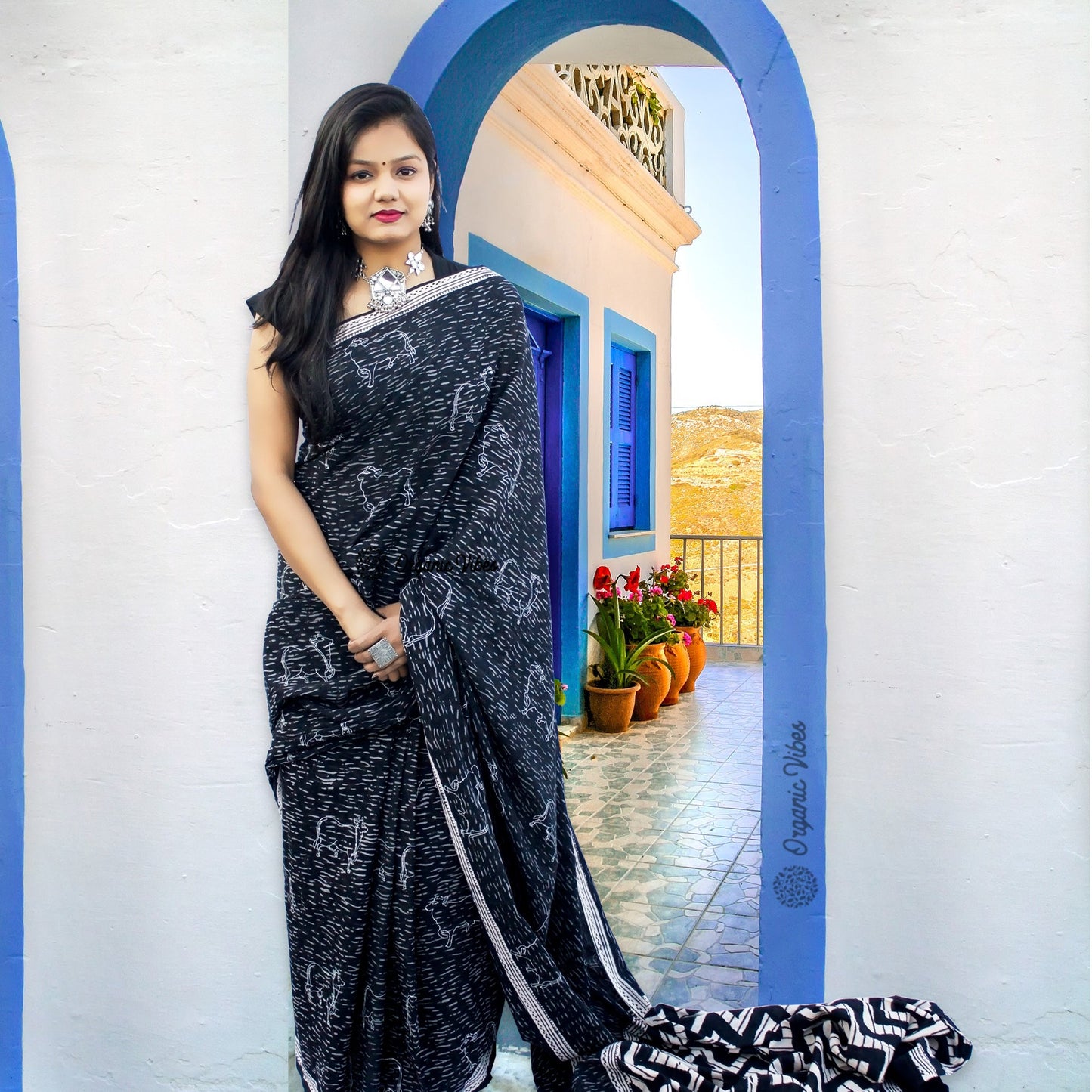 Organic Vibes Black Handblock Printed Nandi Prints Mulmul Cotton Saree For Women