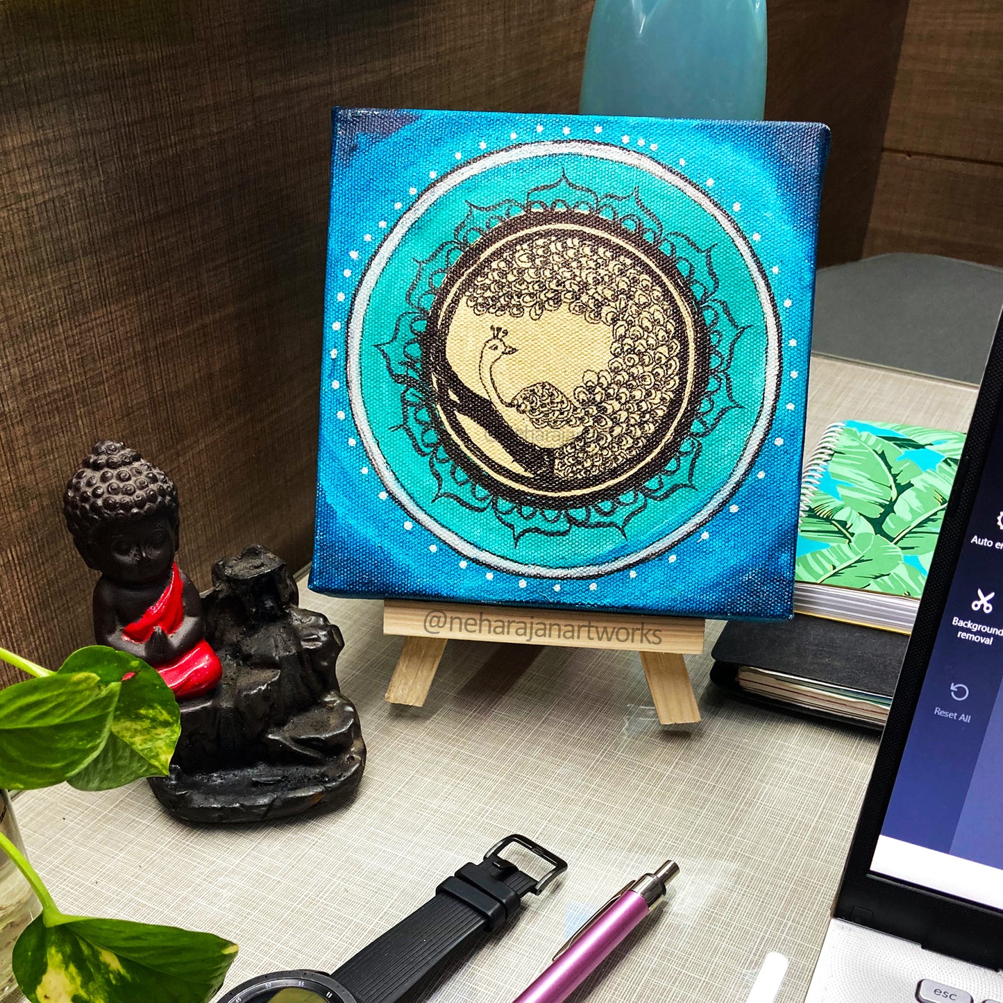 Neha Rajan Artworks Original Handmade Peacock Mandala Painting Hand Painted On Canvas Frame 6*6 With Easel