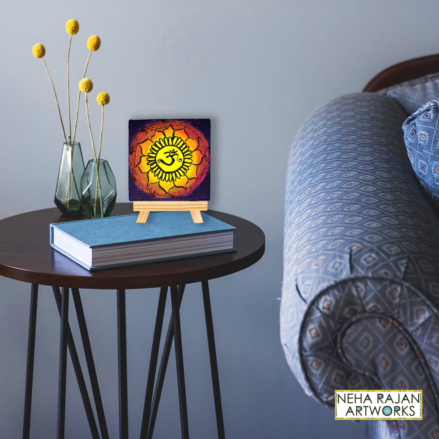 Neha Rajan Artworks Original Handmade Om Mandala Painting Hand Painted On Canvas Frame 4*4 With Easel