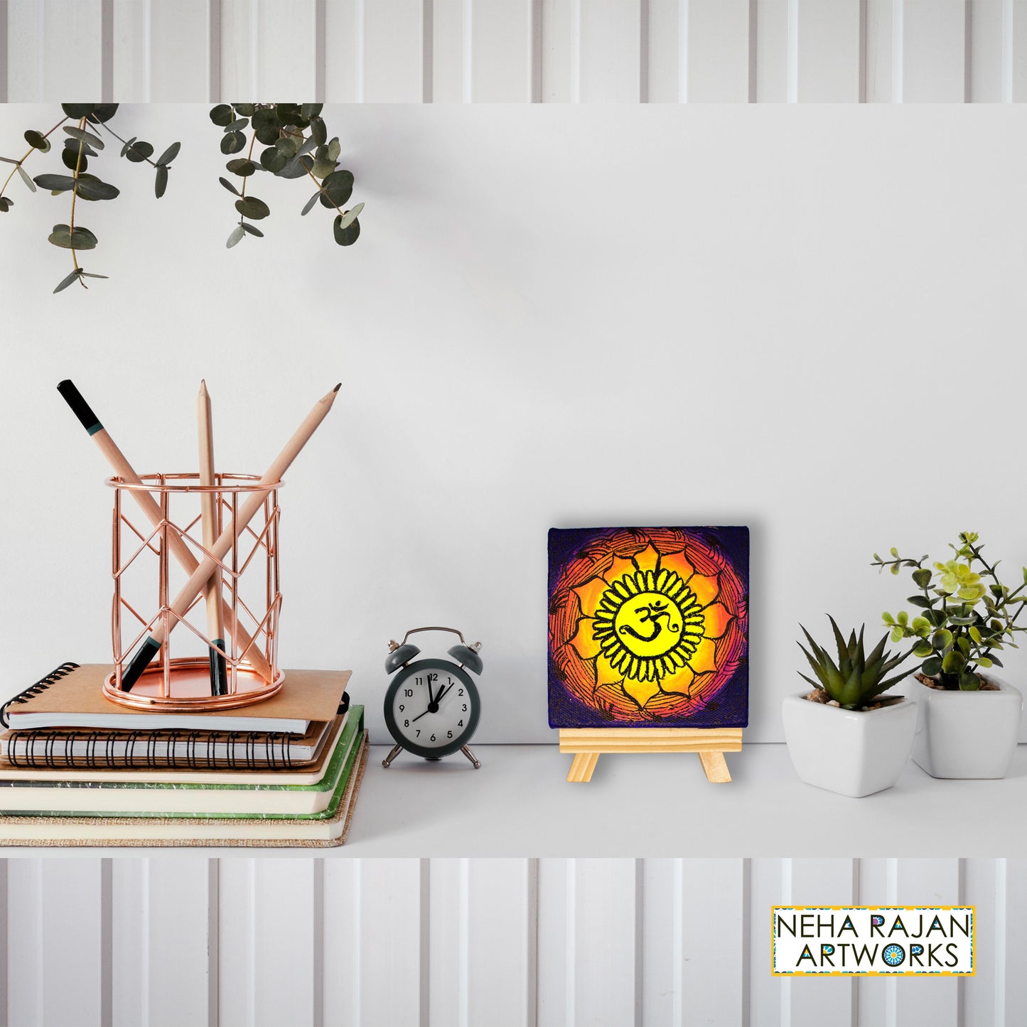 Neha Rajan Artworks Original Handmade Om Mandala Painting Hand Painted On Canvas Frame 4*4 With Easel