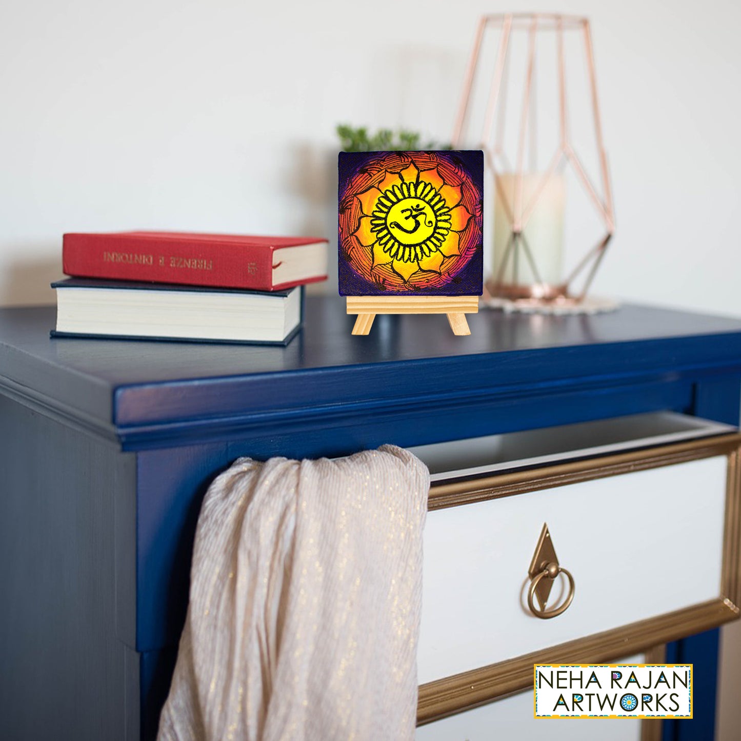 Neha Rajan Artworks Original Handmade Om Mandala Painting Hand Painted On Canvas Frame 4*4 With Easel