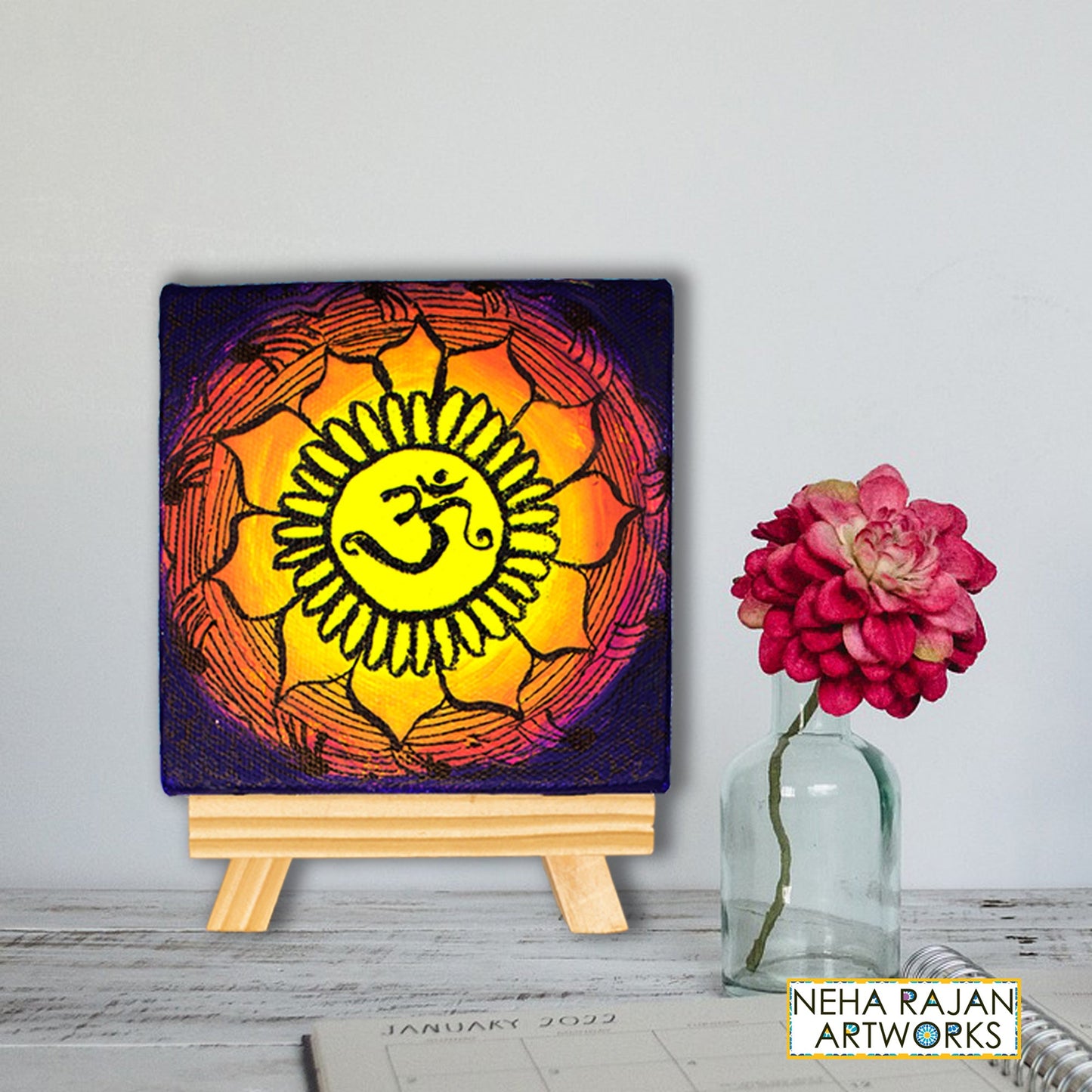 Neha Rajan Artworks Original Handmade Om Mandala Painting Hand Painted On Canvas Frame 4*4 With Easel