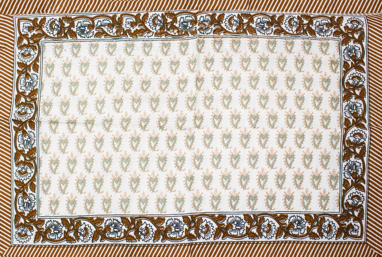 Organic Vibes Brown Block printed Motifs on White Bedsheet with Pillow cover