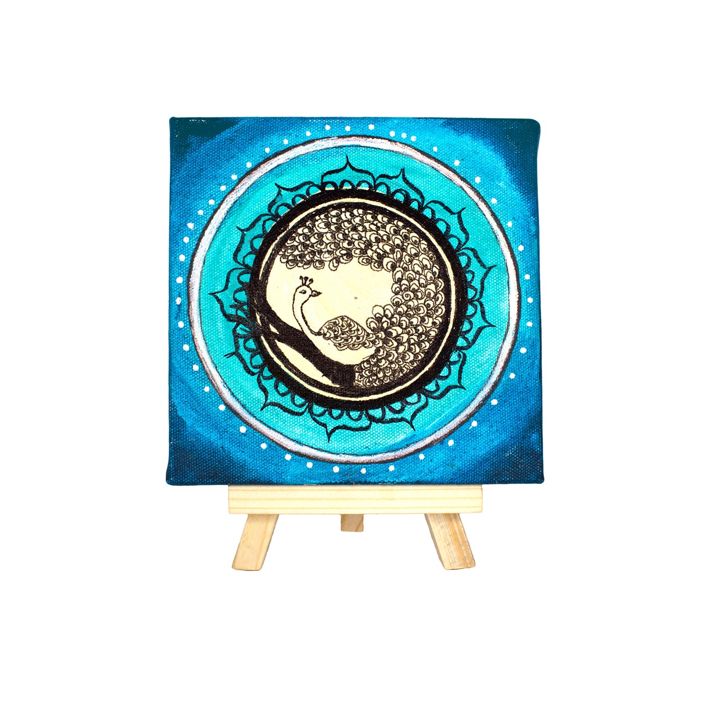 Neha Rajan Artworks Original Handmade Peacock Mandala Painting Hand Painted On Canvas Frame 6*6 With Easel