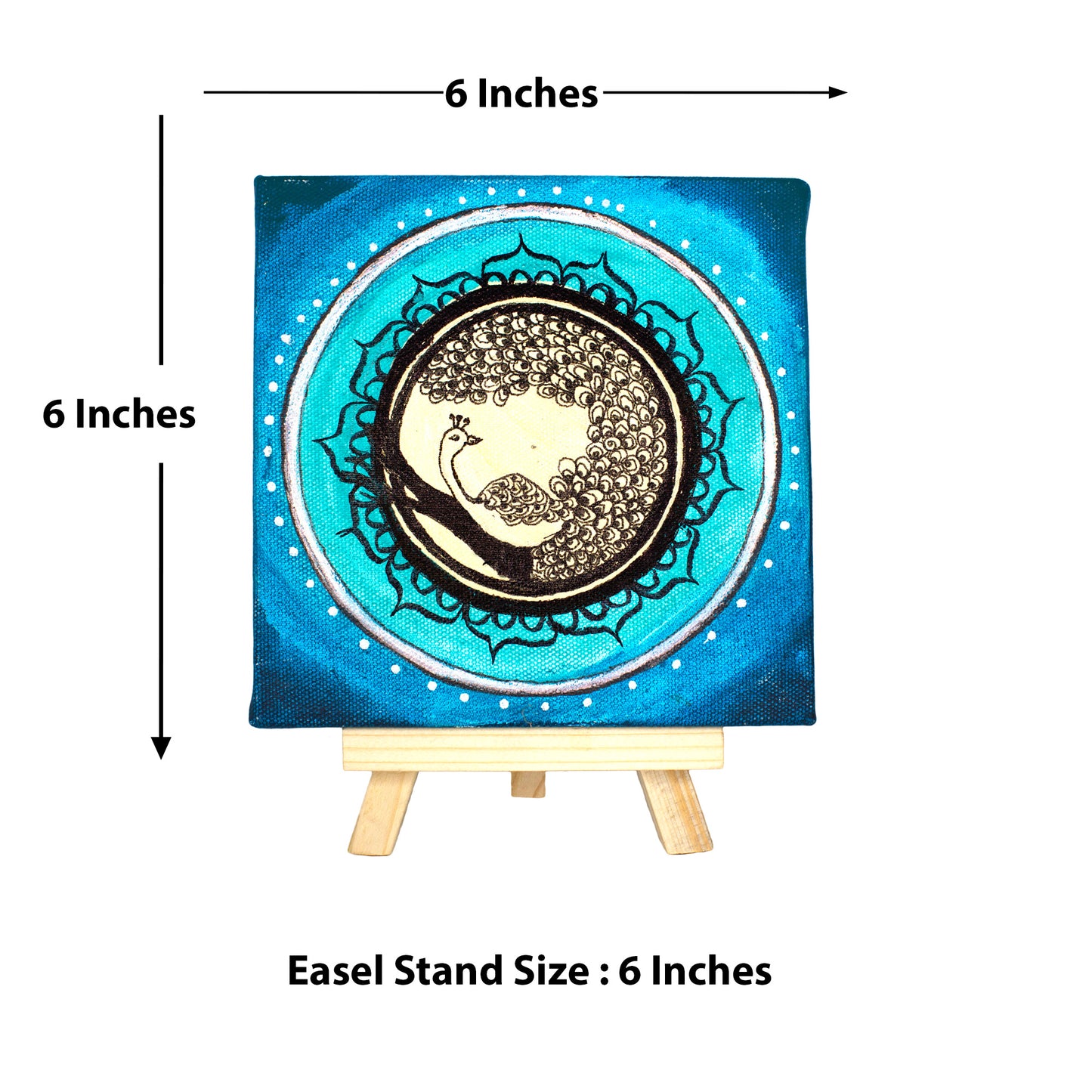 Neha Rajan Artworks Original Handmade Peacock Mandala Painting Hand Painted On Canvas Frame 6*6 With Easel
