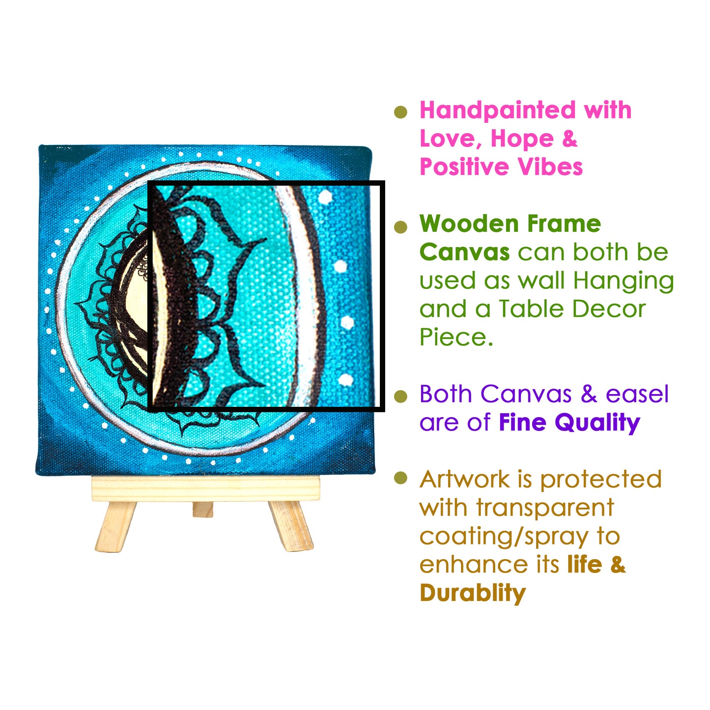Neha Rajan Artworks Original Handmade Peacock Mandala Painting Hand Painted On Canvas Frame 6*6 With Easel