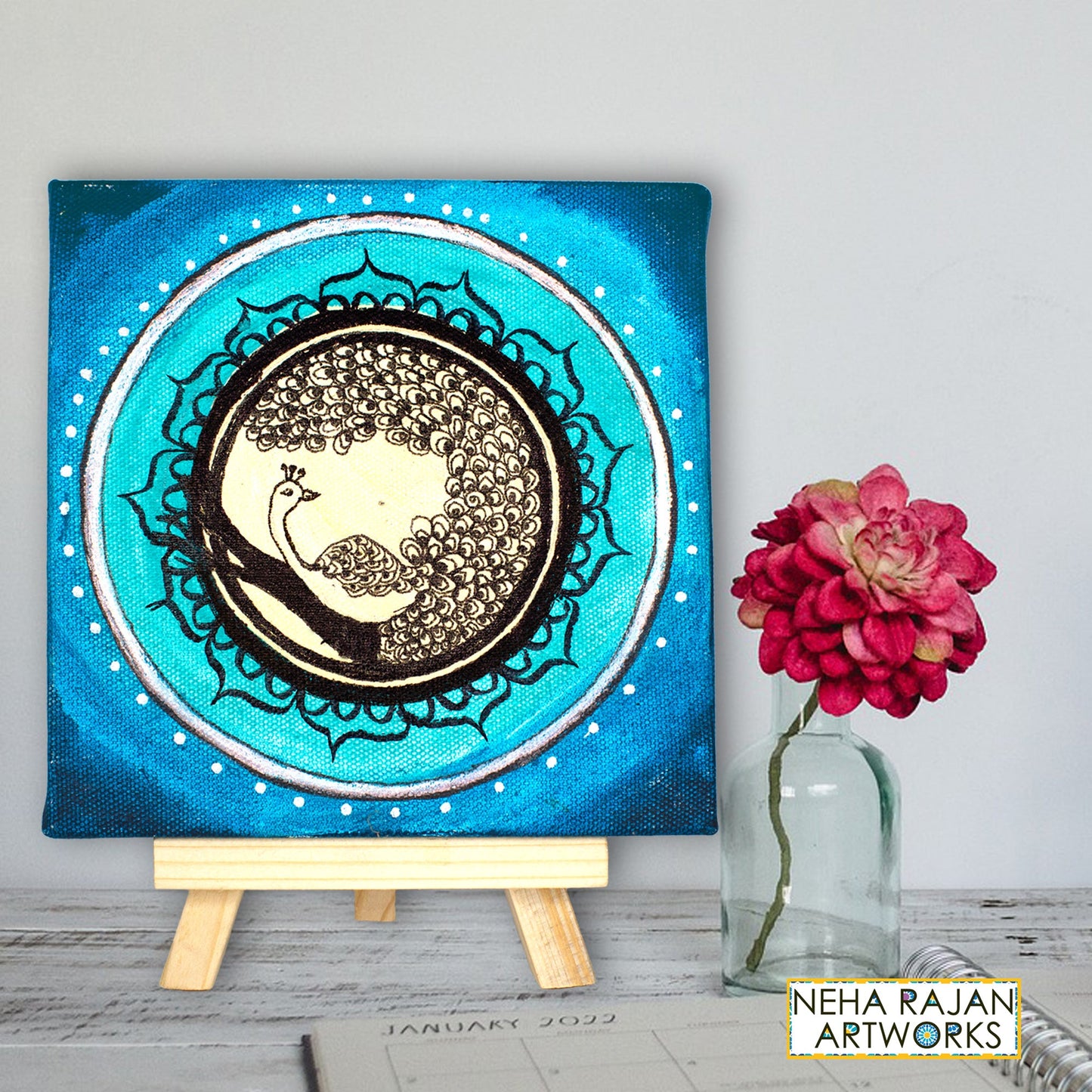 Neha Rajan Artworks Original Handmade Peacock Mandala Painting Hand Painted On Canvas Frame 6*6 With Easel