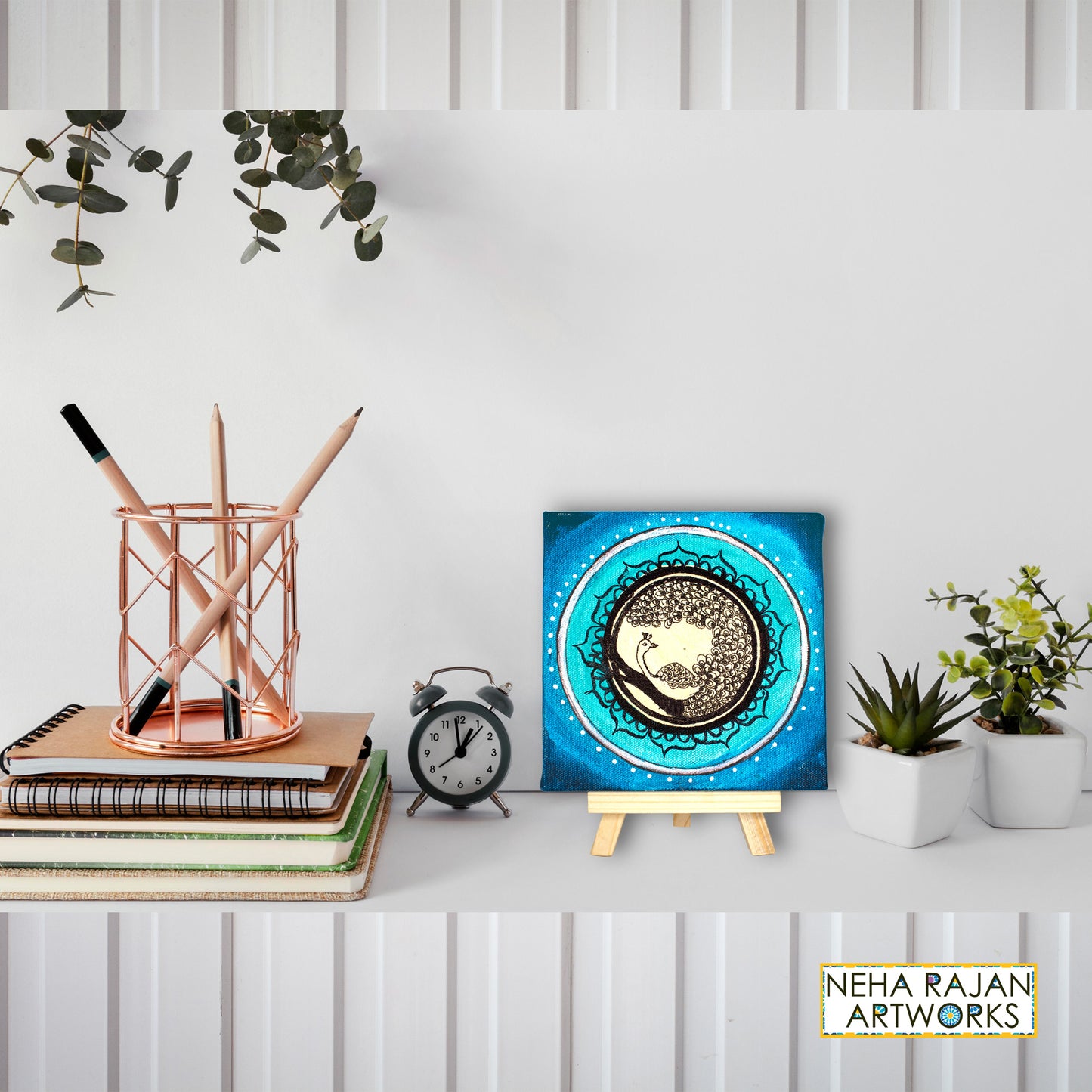 Neha Rajan Artworks Original Handmade Peacock Mandala Painting Hand Painted On Canvas Frame 6*6 With Easel