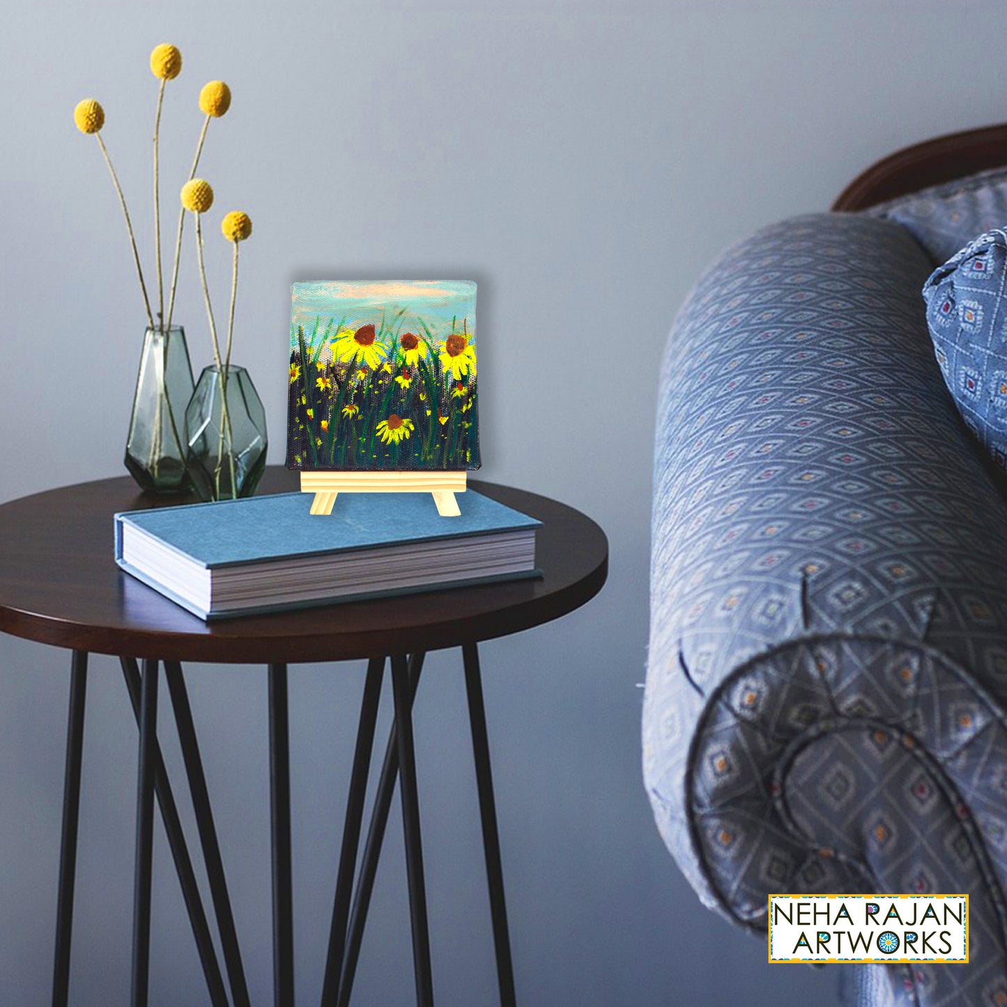Original Handmade Sunflower Painting Hand Painted On Canvas Frame 4*4 With Easel