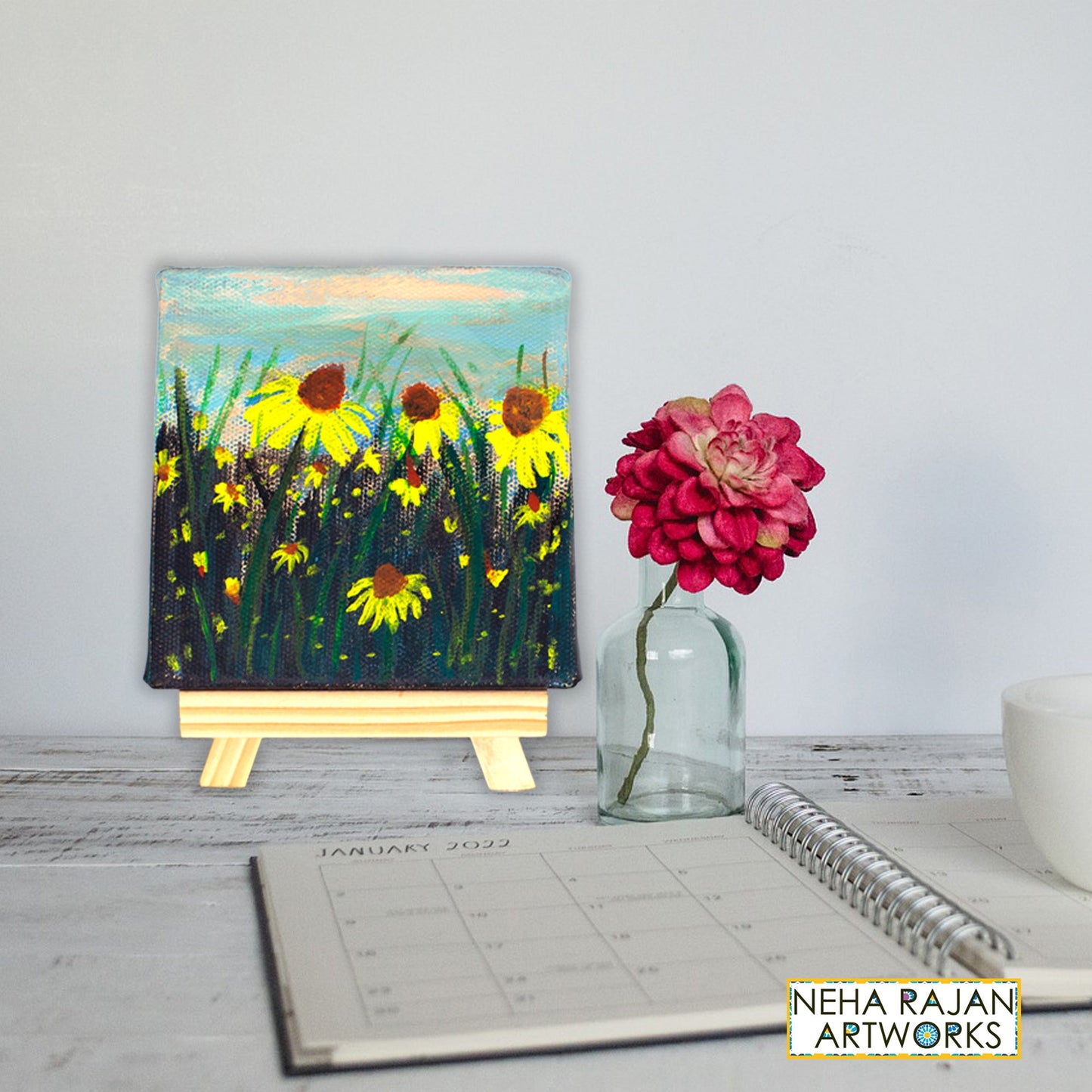 Neha Rajan Artworks Original Handmade Sunflower Painting Hand Painted On Canvas Frame 4*4 With Easel
