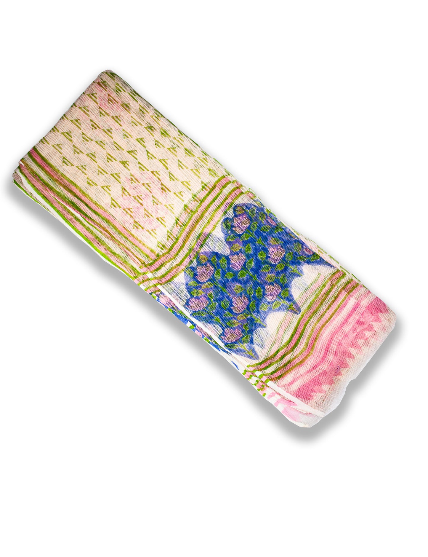 Organic Vibes Blue Pink Lotus Floral Cotton Hand Block Printed Kurta Set unstitched Fabric with Kota Doria Dupatta