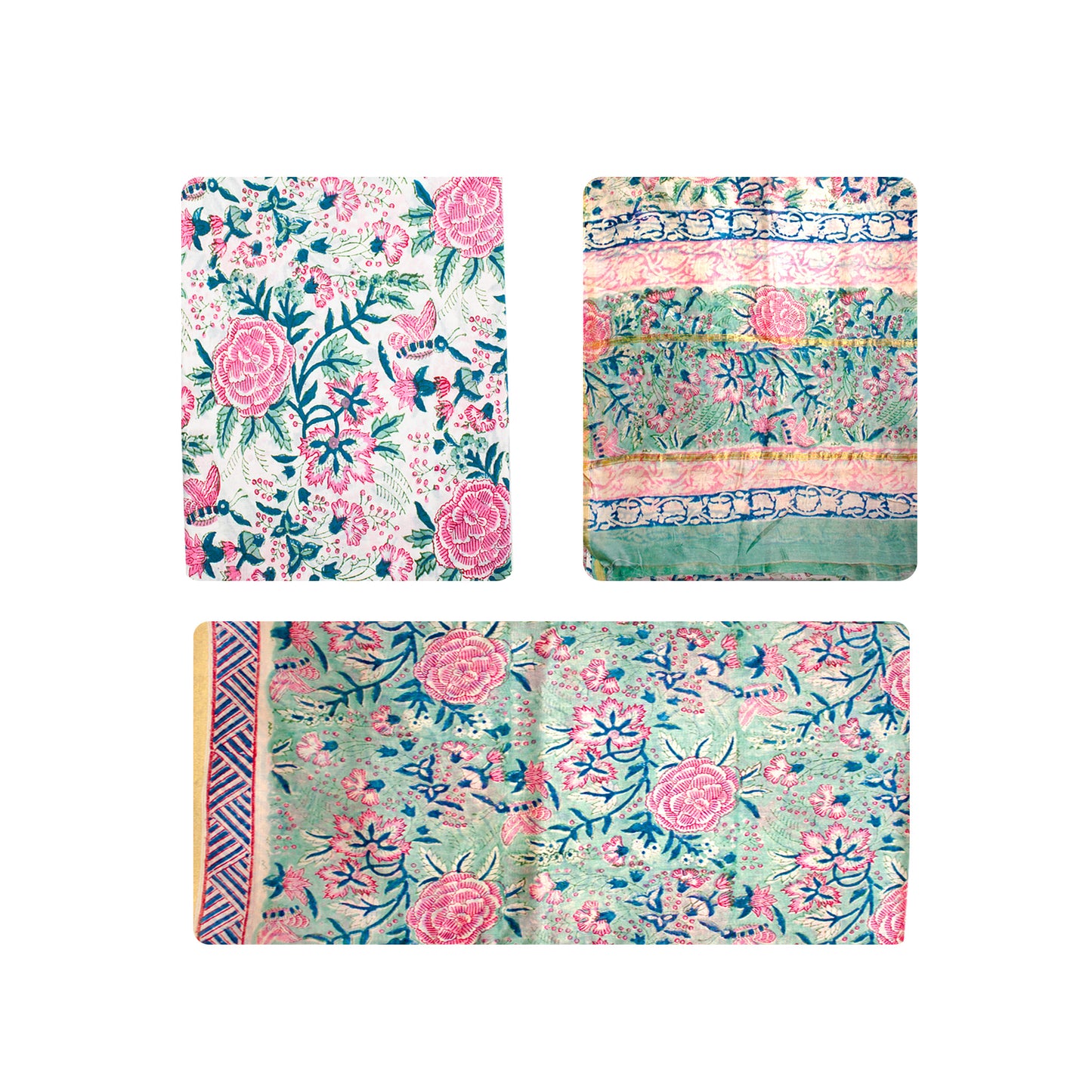 Organic Vibes Hand Block Printed Pink Blue Floral Chanderi Silk Kurta set Unstitched Fabric with Dupatta