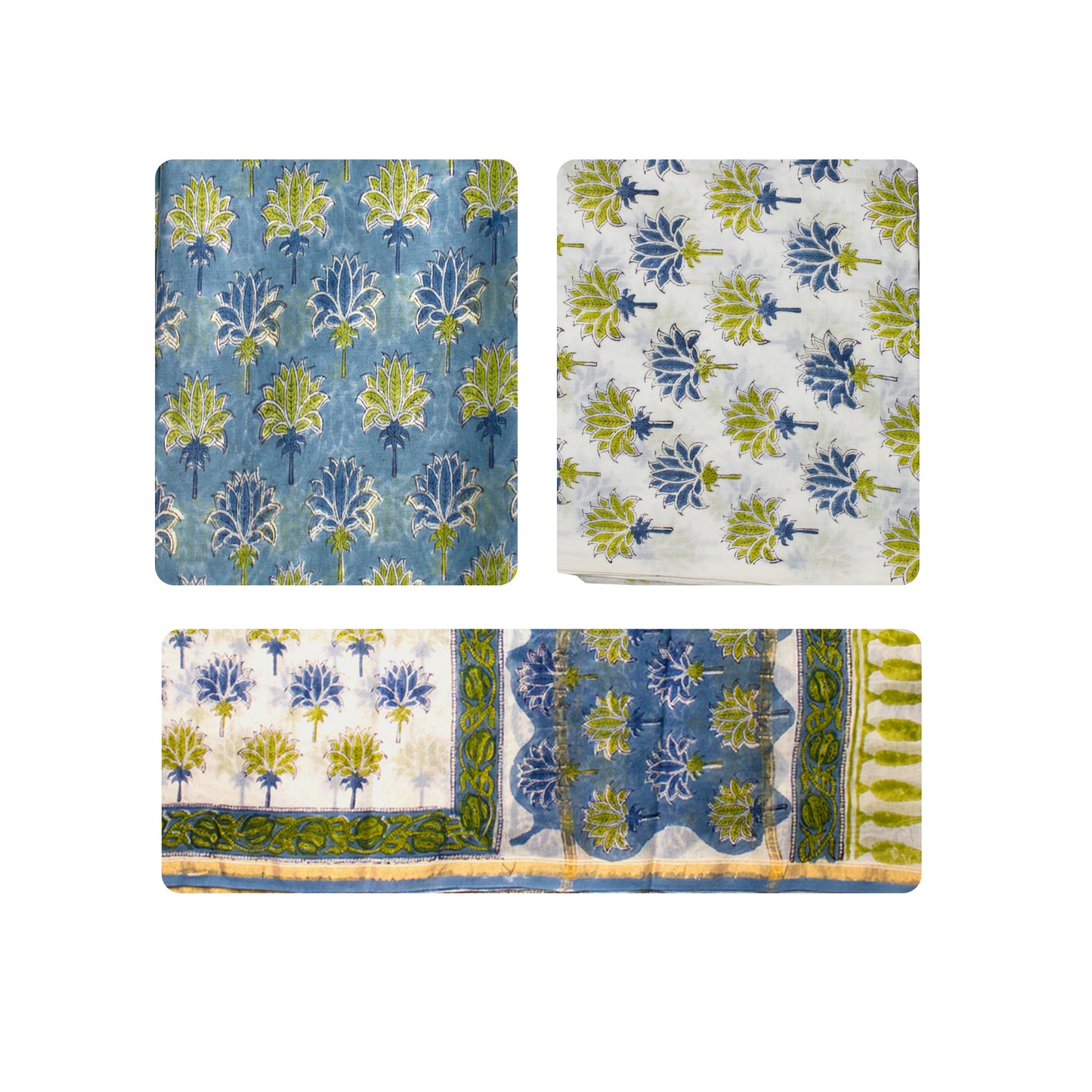 Organic Vibes Green Blue Floral Chanderi Silk Hand Block Printed Kurta Set Unstitched Fabric with Dupatta