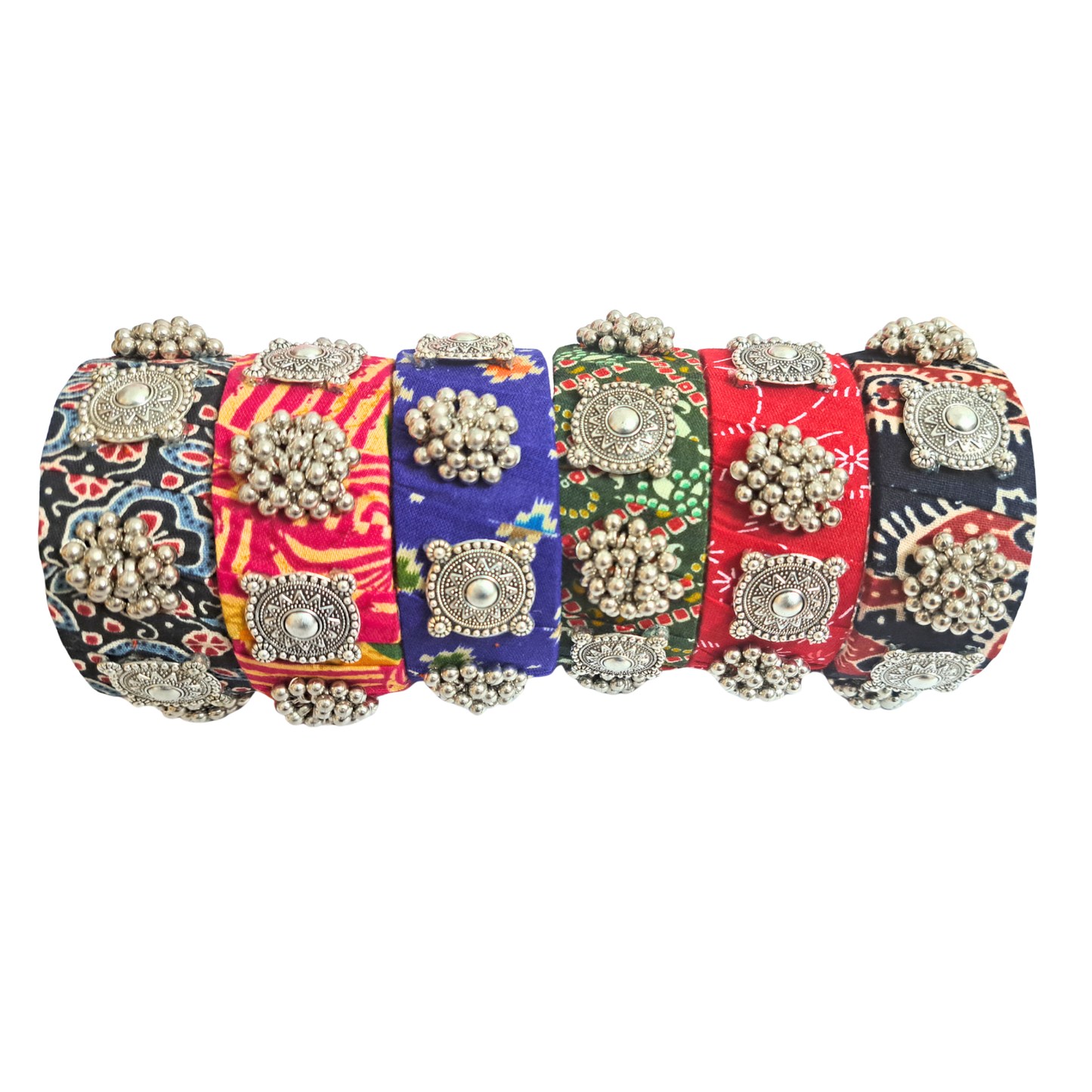 Handmade Colorful Fabric Bangle Set of 6 | Thick Textile Bangles with Oxidized Charms & Ghungroos | Sustainable Ethnic Jewelry for Women
