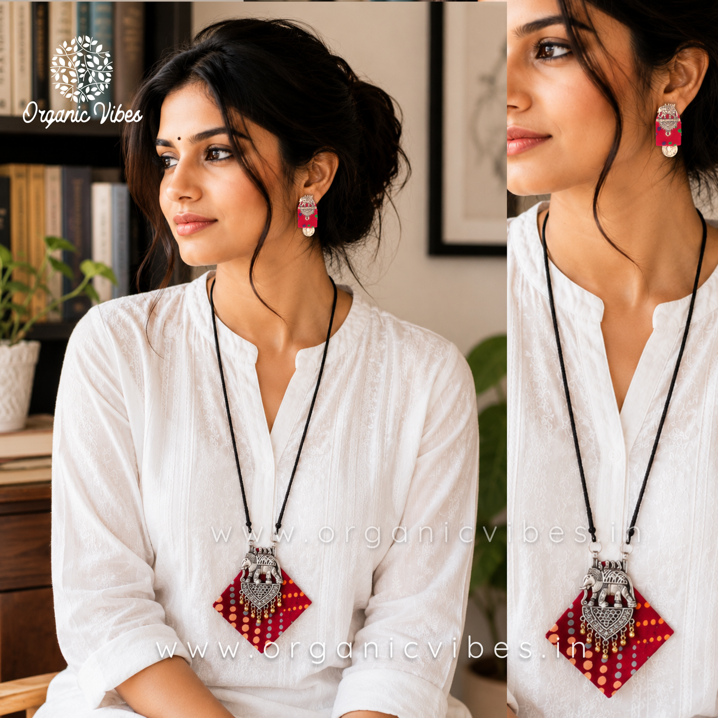 Handmade Elephant Design Red Fabric Pendant Set For Women