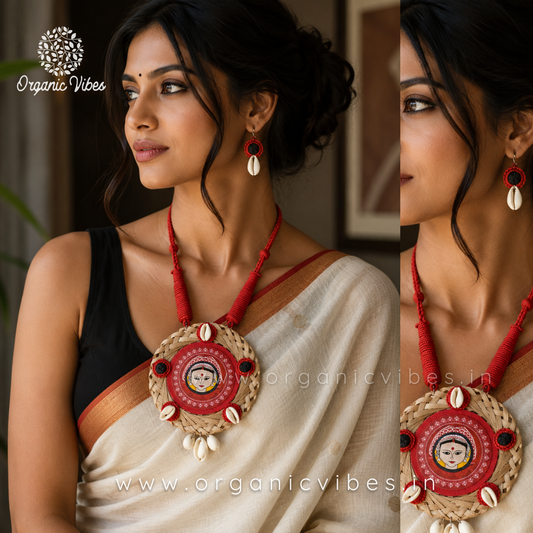 Handmade Fabric Pendant Set with Cowrie Shells & Hand painted Goddess on Bamboo Fiber | Necklace with Earrings | Sustainable Tribal Jewellery- Red