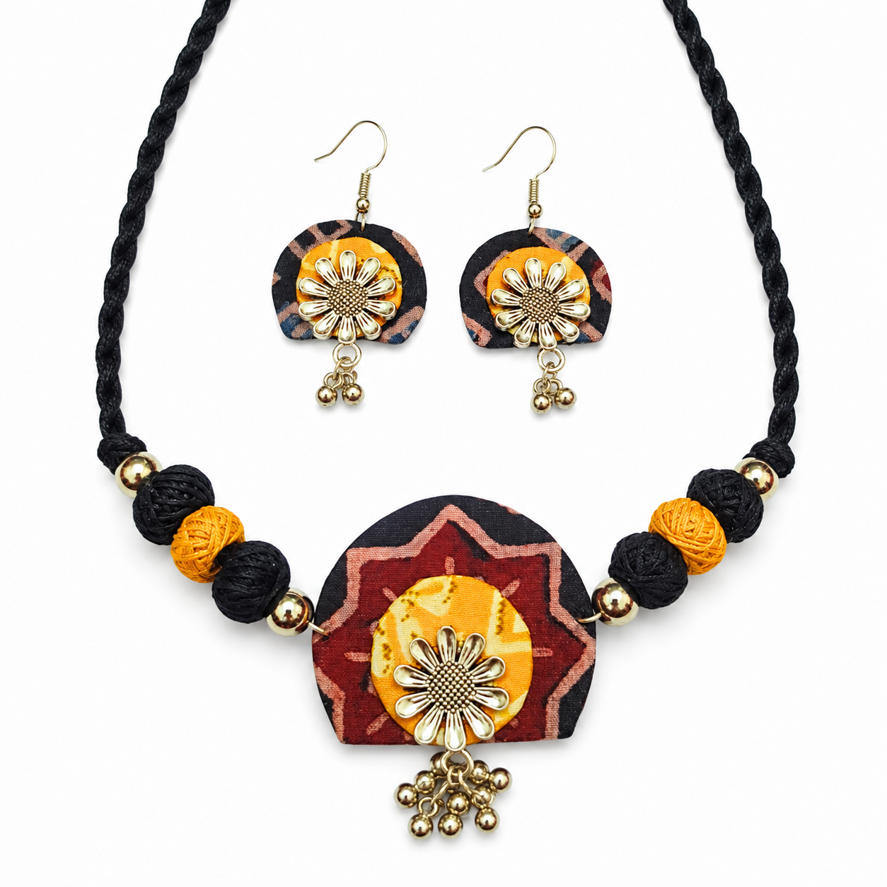Handcrafted Black-Yellow Floral Fabric Choker Necklace Set with Earrings