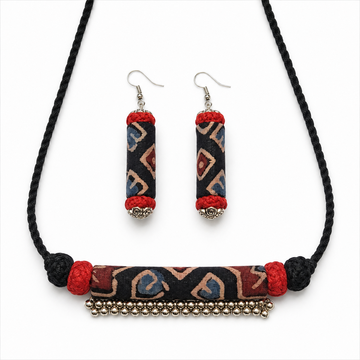 Handcrafted Black Ajrakh Fabric Ghunghroo Choker Necklace Set with Earrings