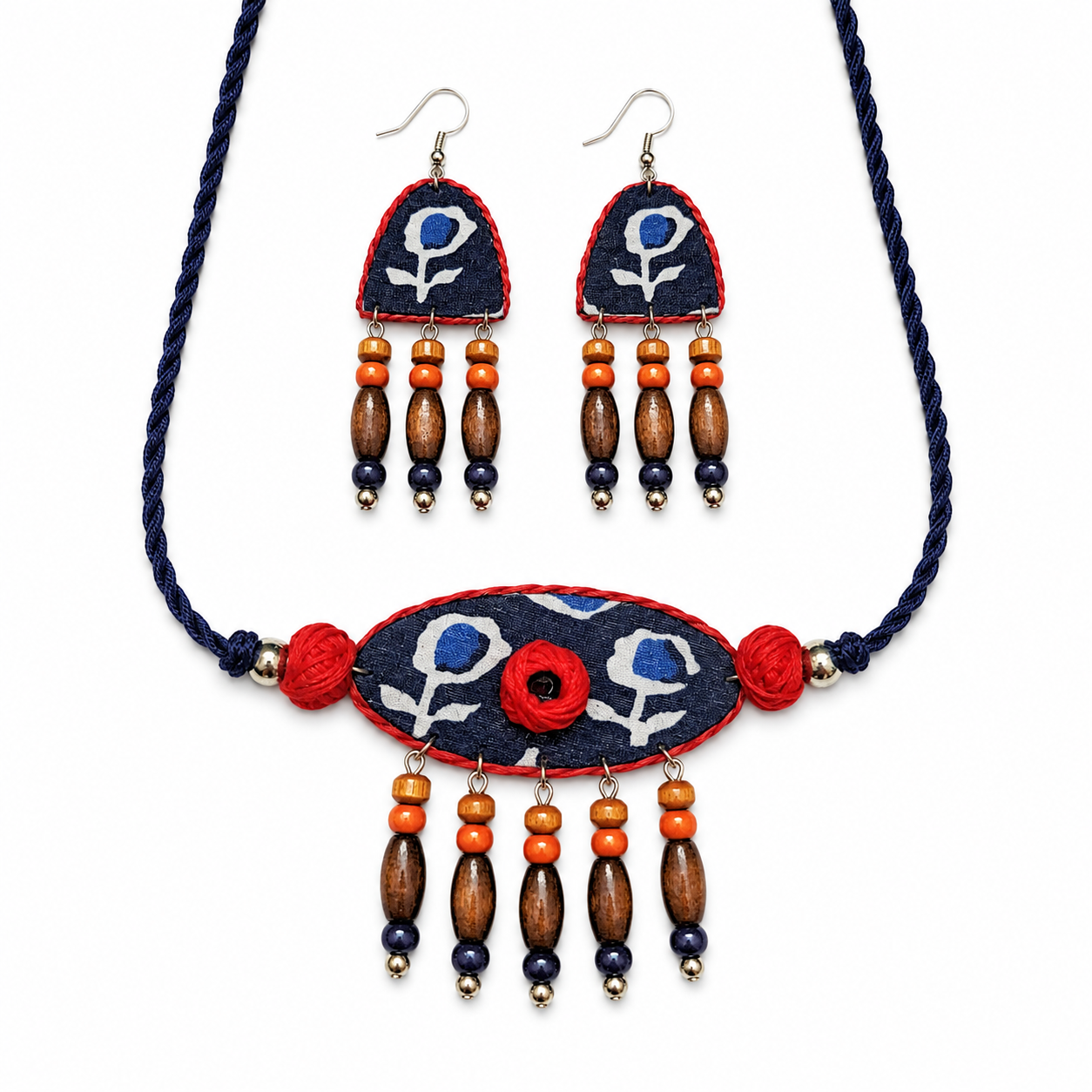 Handcrafted Indigo Blue Fabric Choker Set with Boho wooden beads