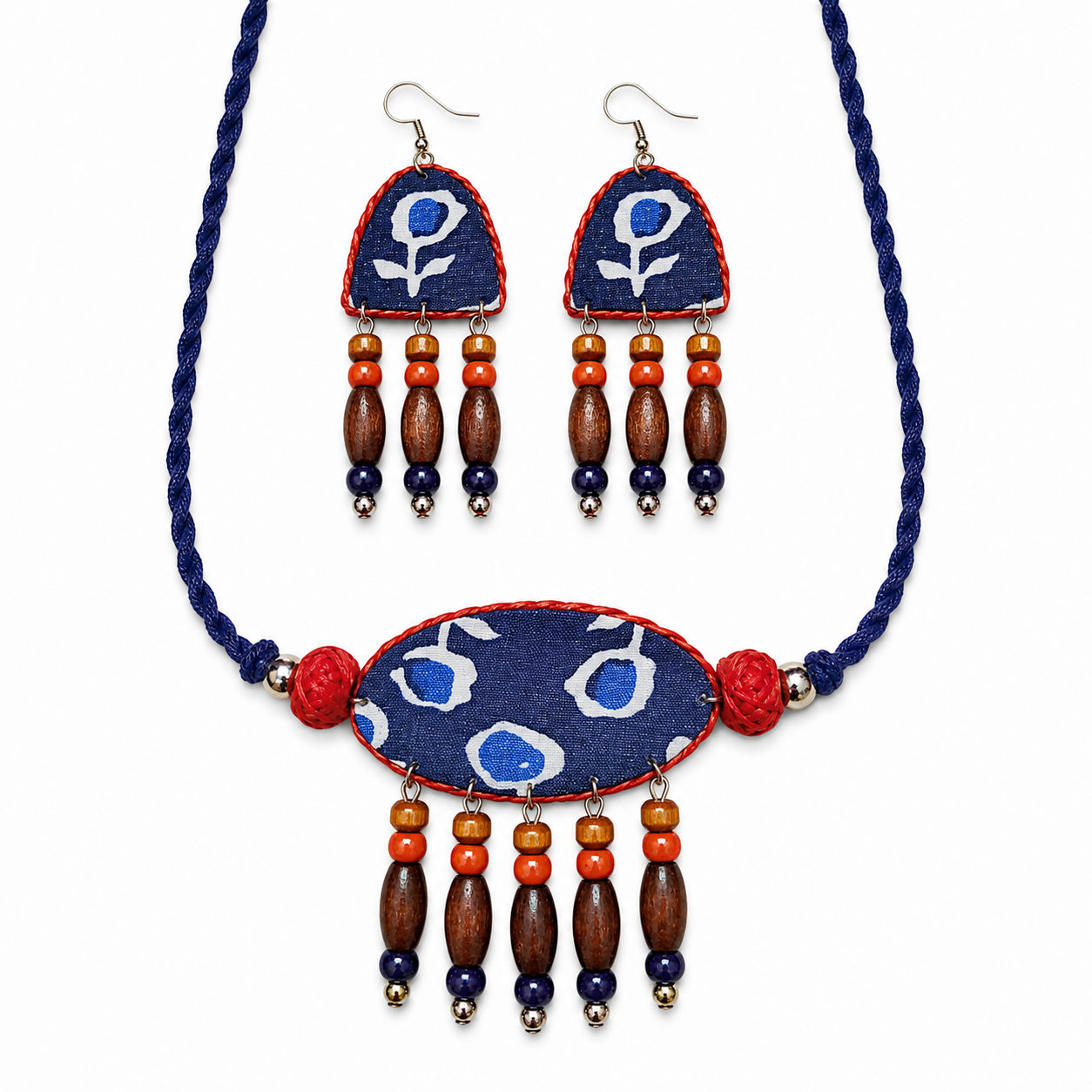 Handcrafted Indigo Blue Fabric Choker Set with Boho wooden beads
