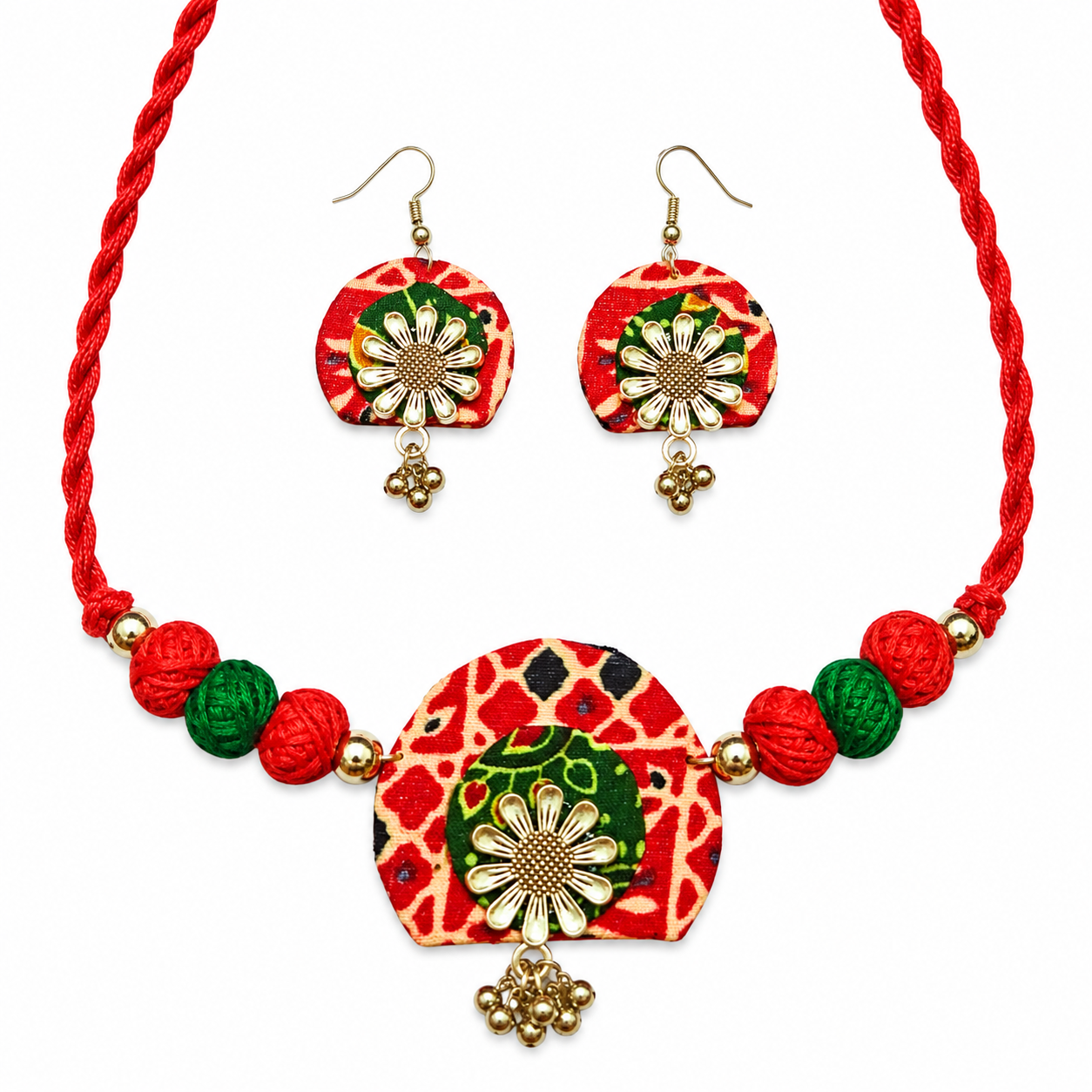 Handcrafted Red Floral Fabric Choker Necklace Set with Earrings