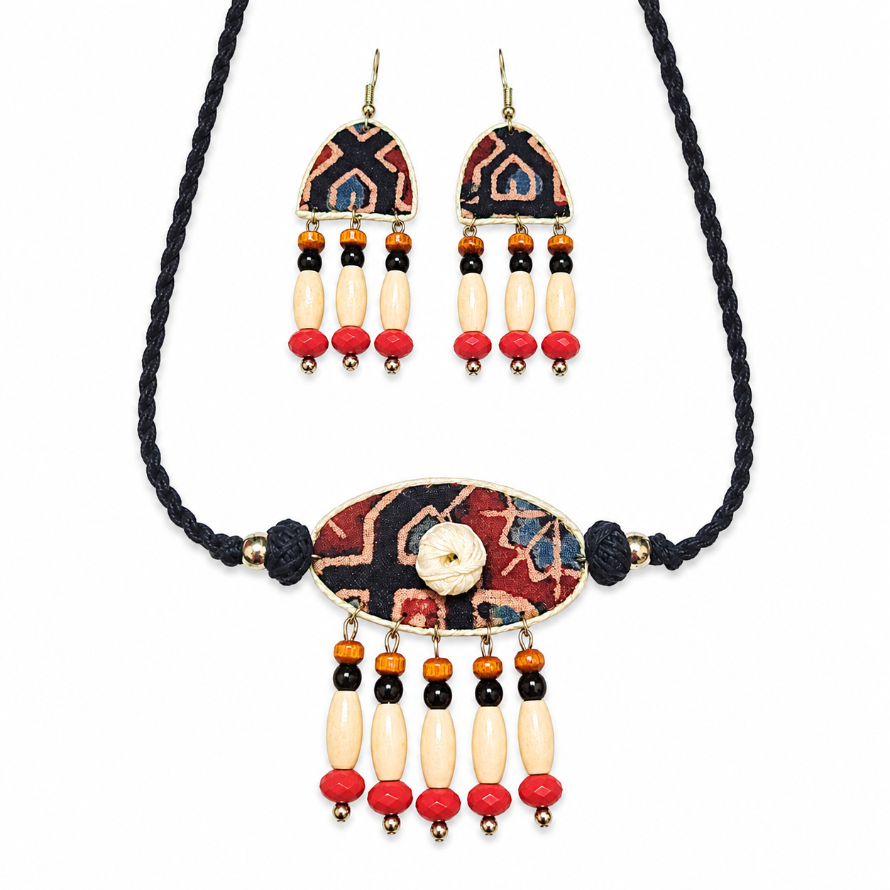 Handcrafted Black Ajrakh Fabric Choker Set with Boho wooden beads