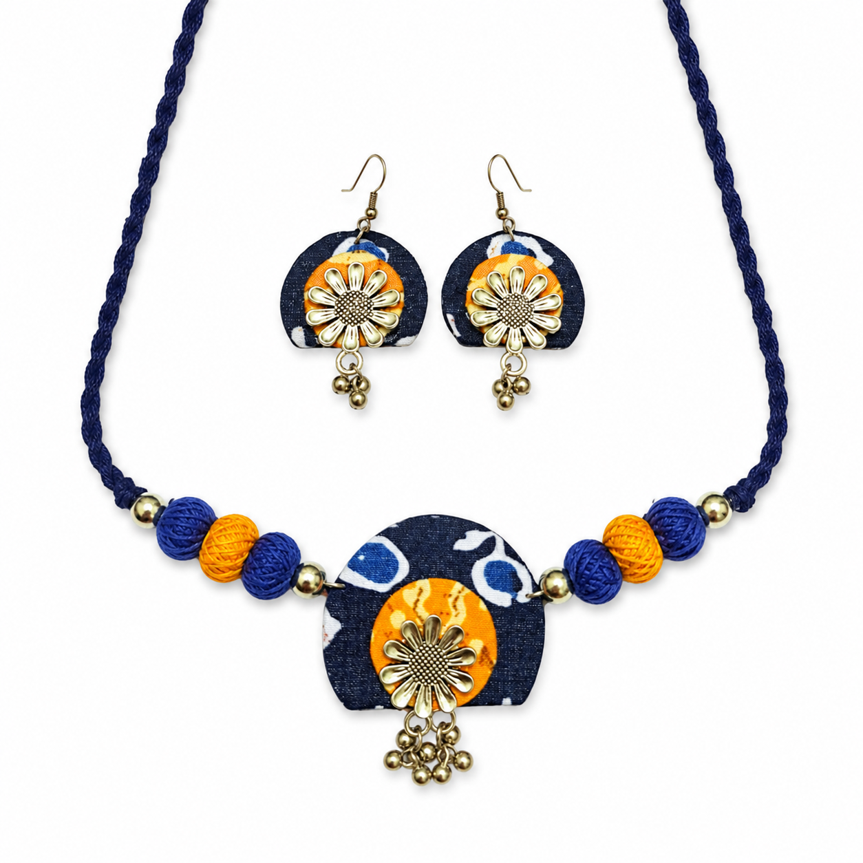 Handcrafted Blue Yellow Fabric Choker Necklace Set with Earrings
