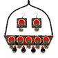 Handcrafted Black Red Ajrakh Fabric Choker Necklace Set with Earrings