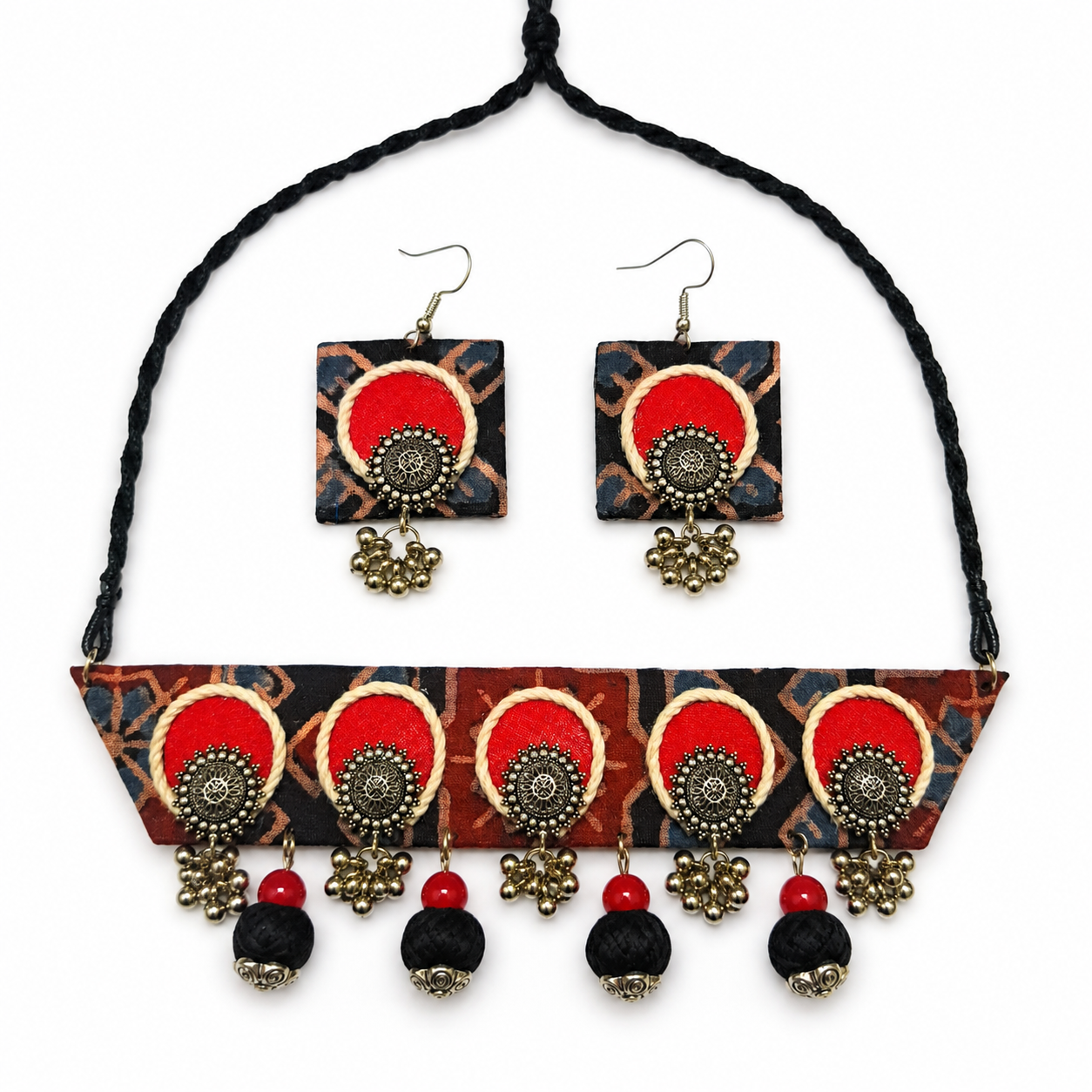 Handcrafted Black Red Ajrakh Fabric Choker Necklace Set with Earrings