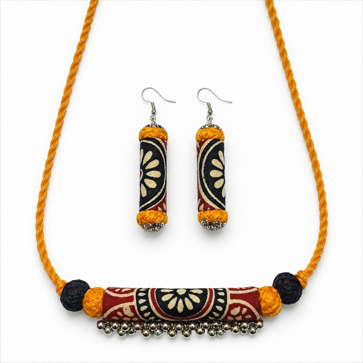 Handcrafted Maroon Ajrakh Fabric Choker Necklace Set with Earrings