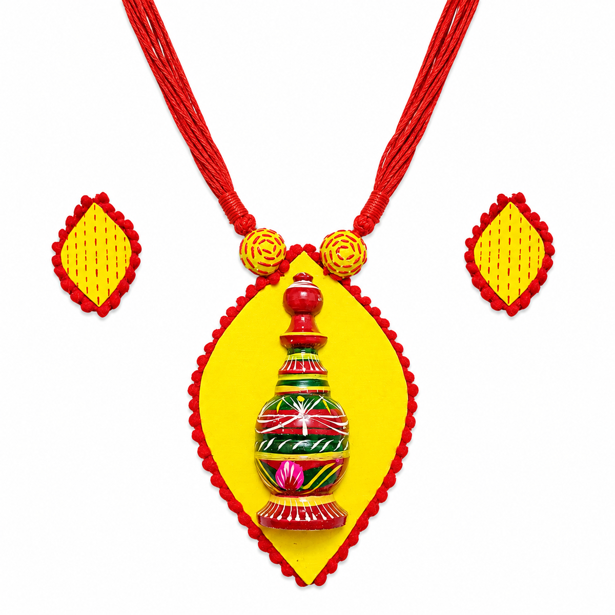 Yellow Handcrafted wooden Sindhora Fabric Pendant Set
